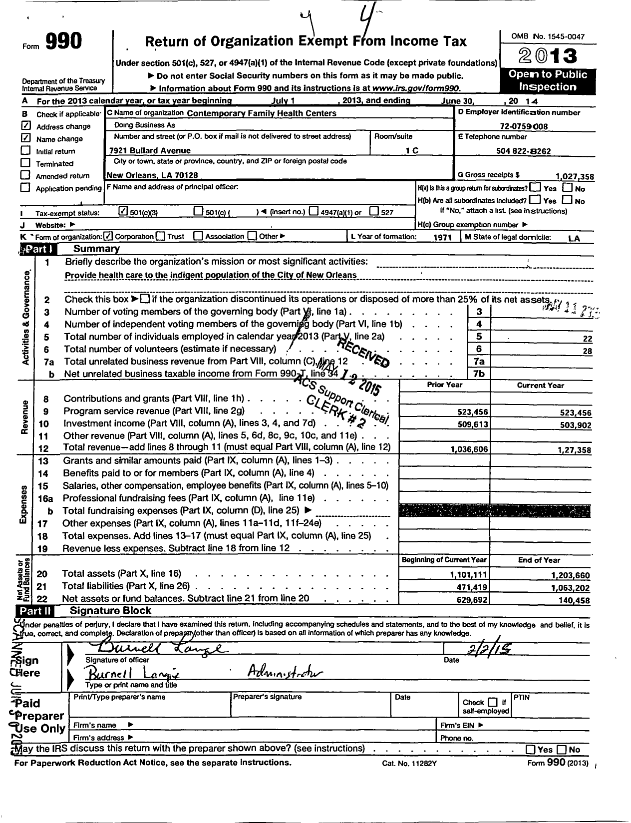 Image of first page of 2013 Form 990 for New Orleans Health Corporation