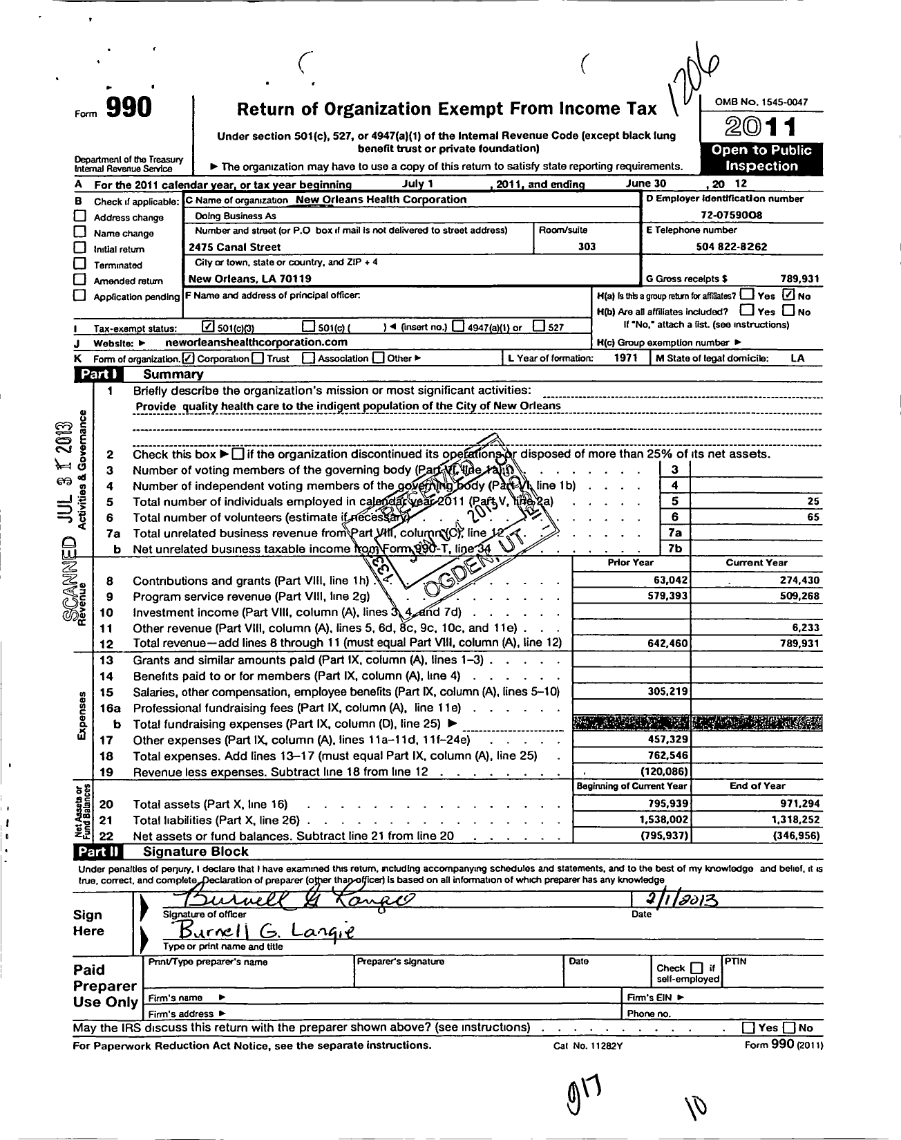 Image of first page of 2011 Form 990 for New Orleans Health Corporation