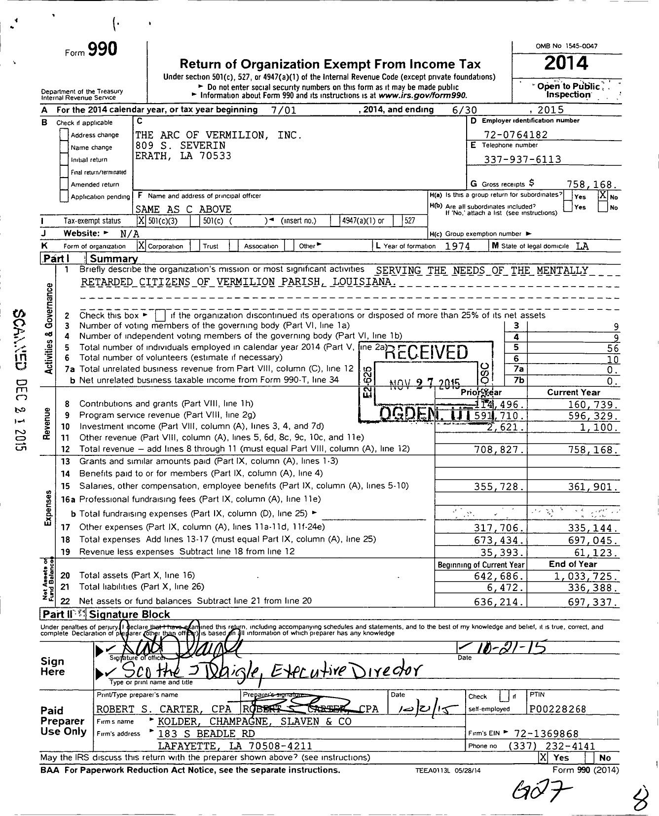Image of first page of 2014 Form 990 for The Arc of Vermilion