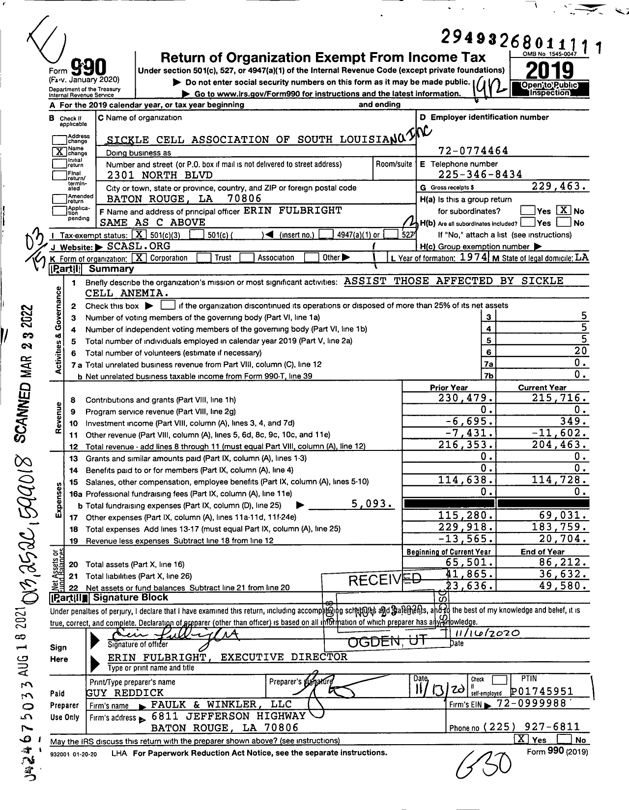 Image of first page of 2019 Form 990 for Sickle Cell Association of South Louisiana