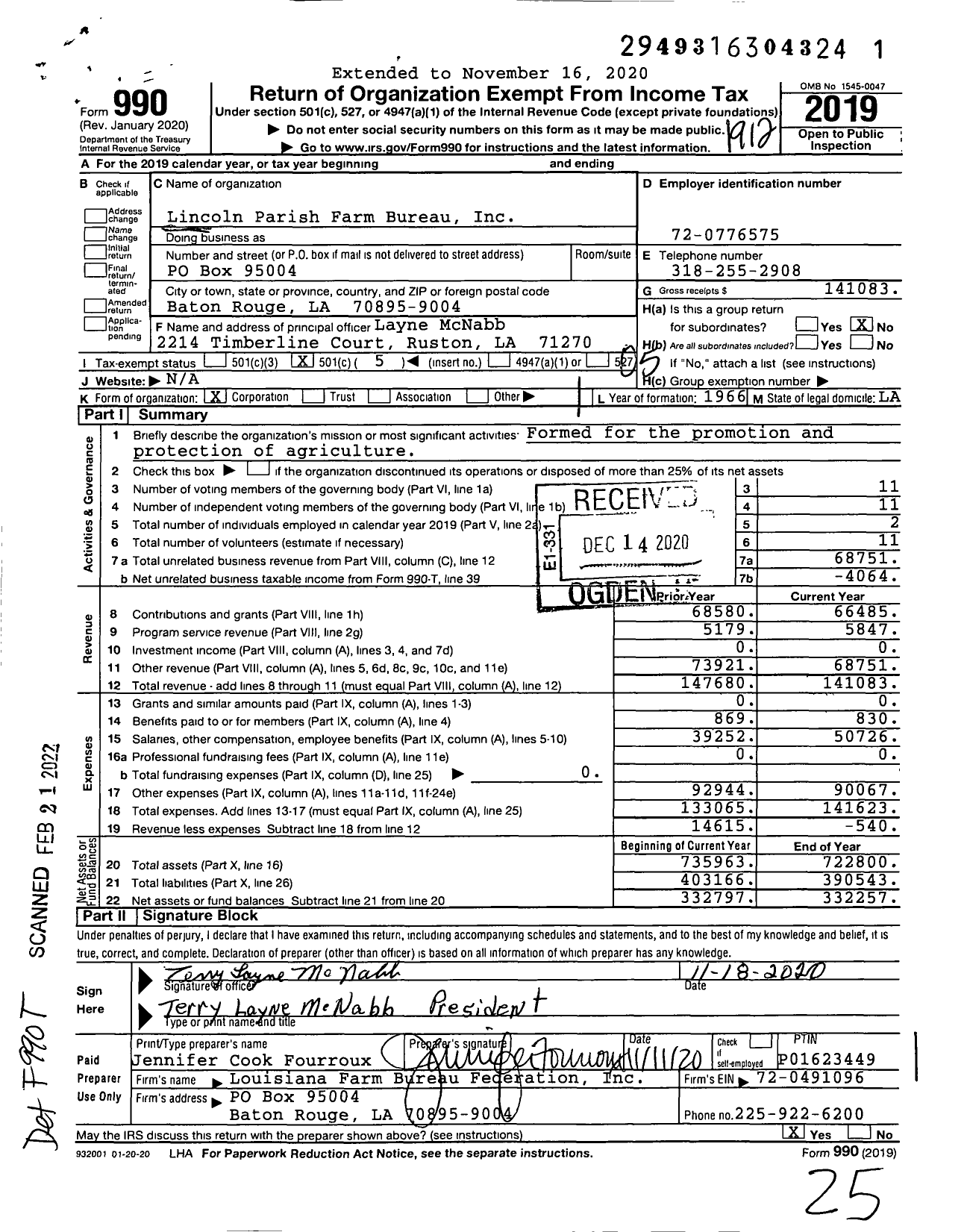 Image of first page of 2019 Form 990O for Lincoln Parish Farm Bureau