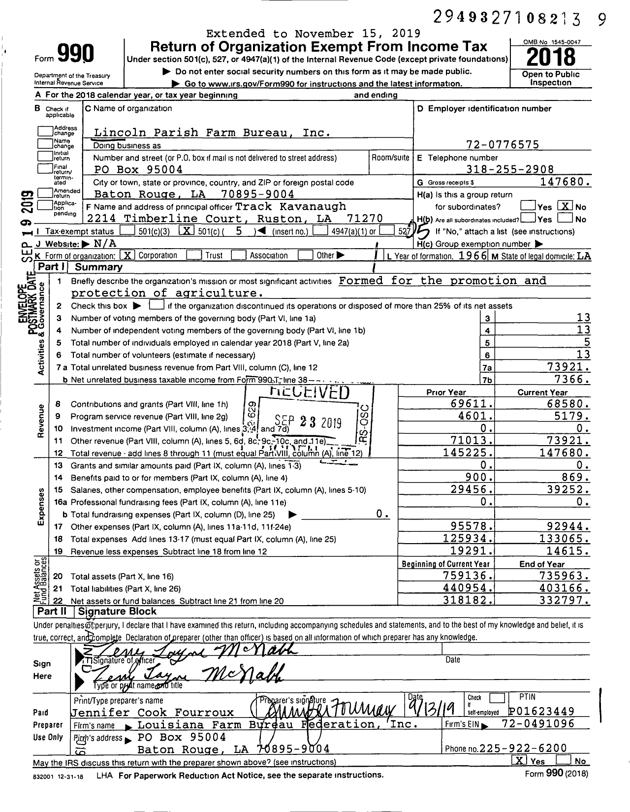 Image of first page of 2018 Form 990O for Lincoln Parish Farm Bureau