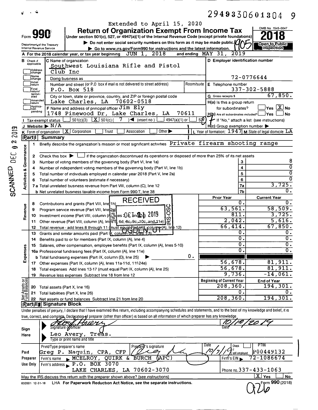 Image of first page of 2018 Form 990O for Southwest Louisiana Rifle and Pistol Club