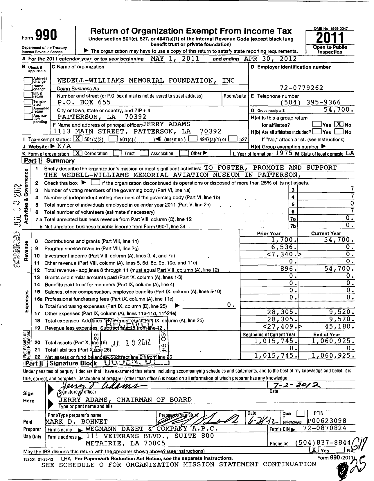 Image of first page of 2011 Form 990 for Wedell Williams Memorial Foundation