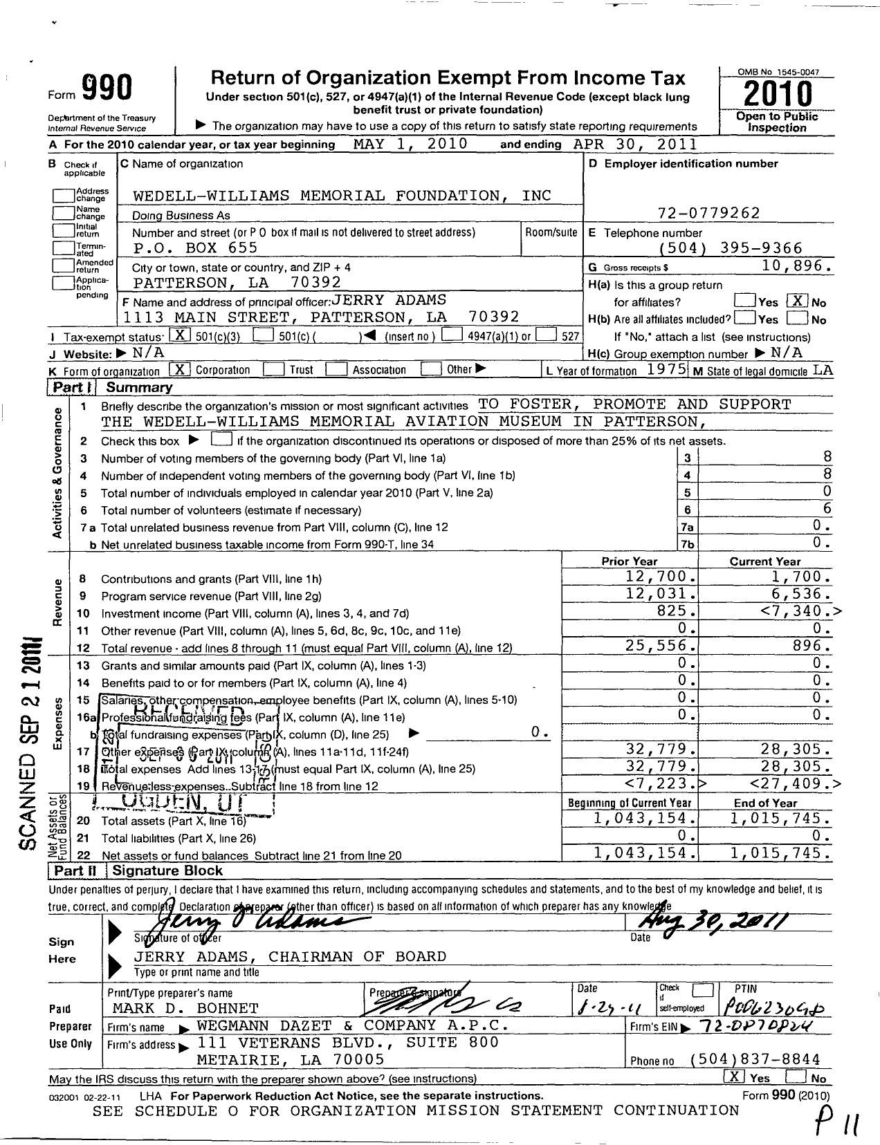 Image of first page of 2010 Form 990 for Wedell Williams Memorial Foundation