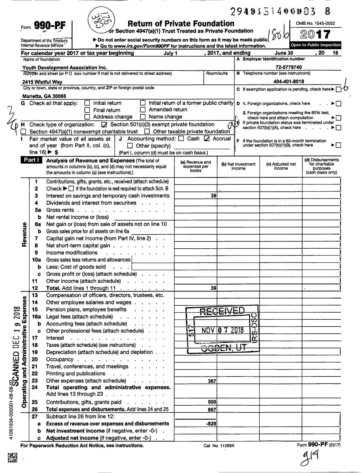 Image of first page of 2017 Form 990PF for Youth Development Association