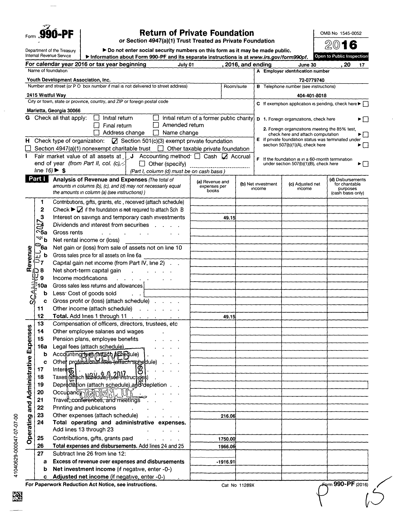 Image of first page of 2016 Form 990PF for Youth Development Association