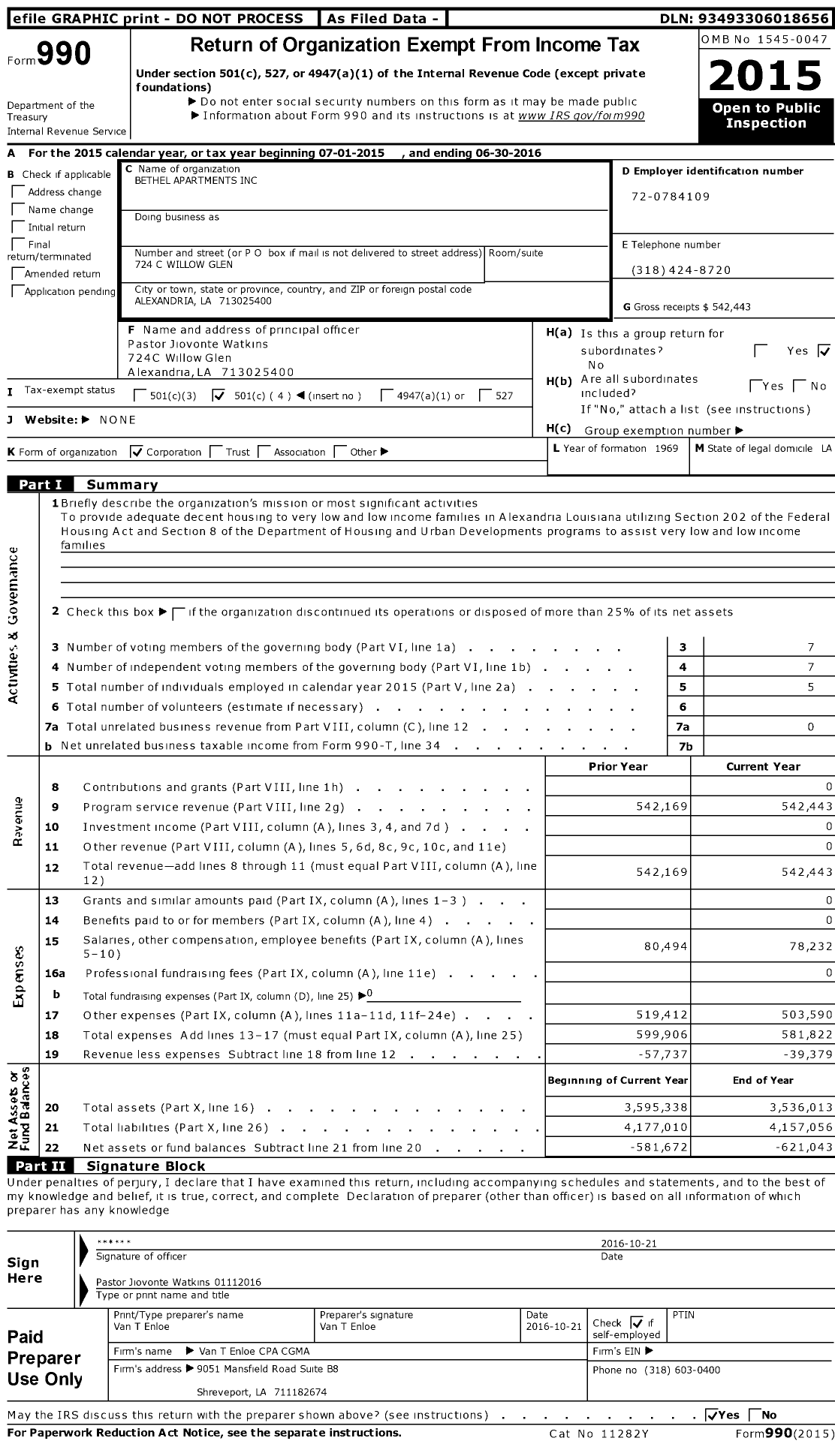 Image of first page of 2015 Form 990O for Bethel Apartments