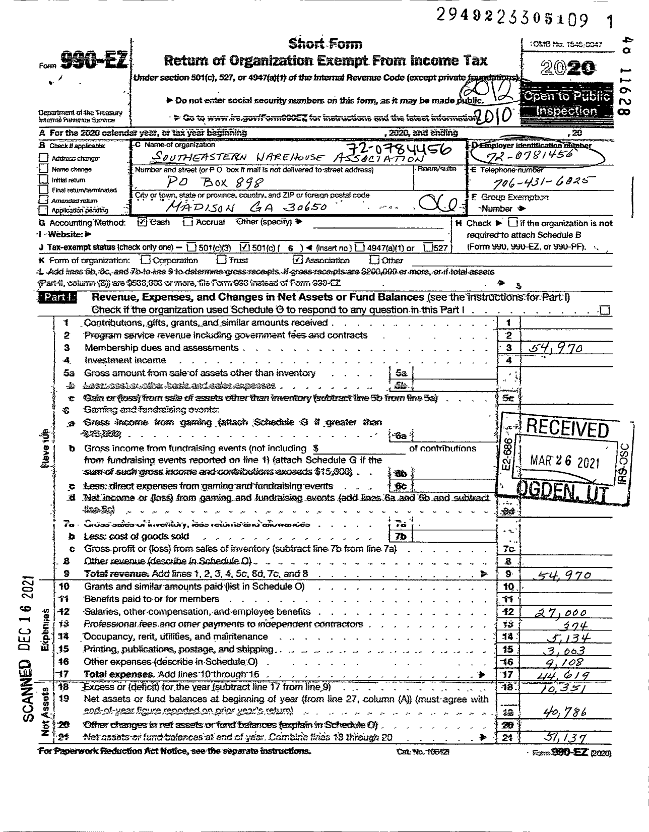 Image of first page of 2019 Form 990EO for Southeastern Warehouse Movers Association