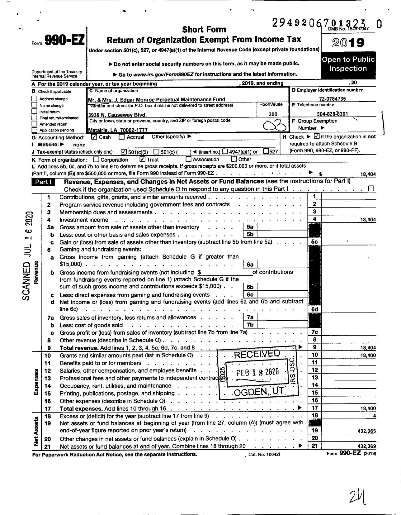 Image of first page of 2019 Form 990EZ for Mr & Mrs J Edgar Monroe Perpetual Maintenance Fund