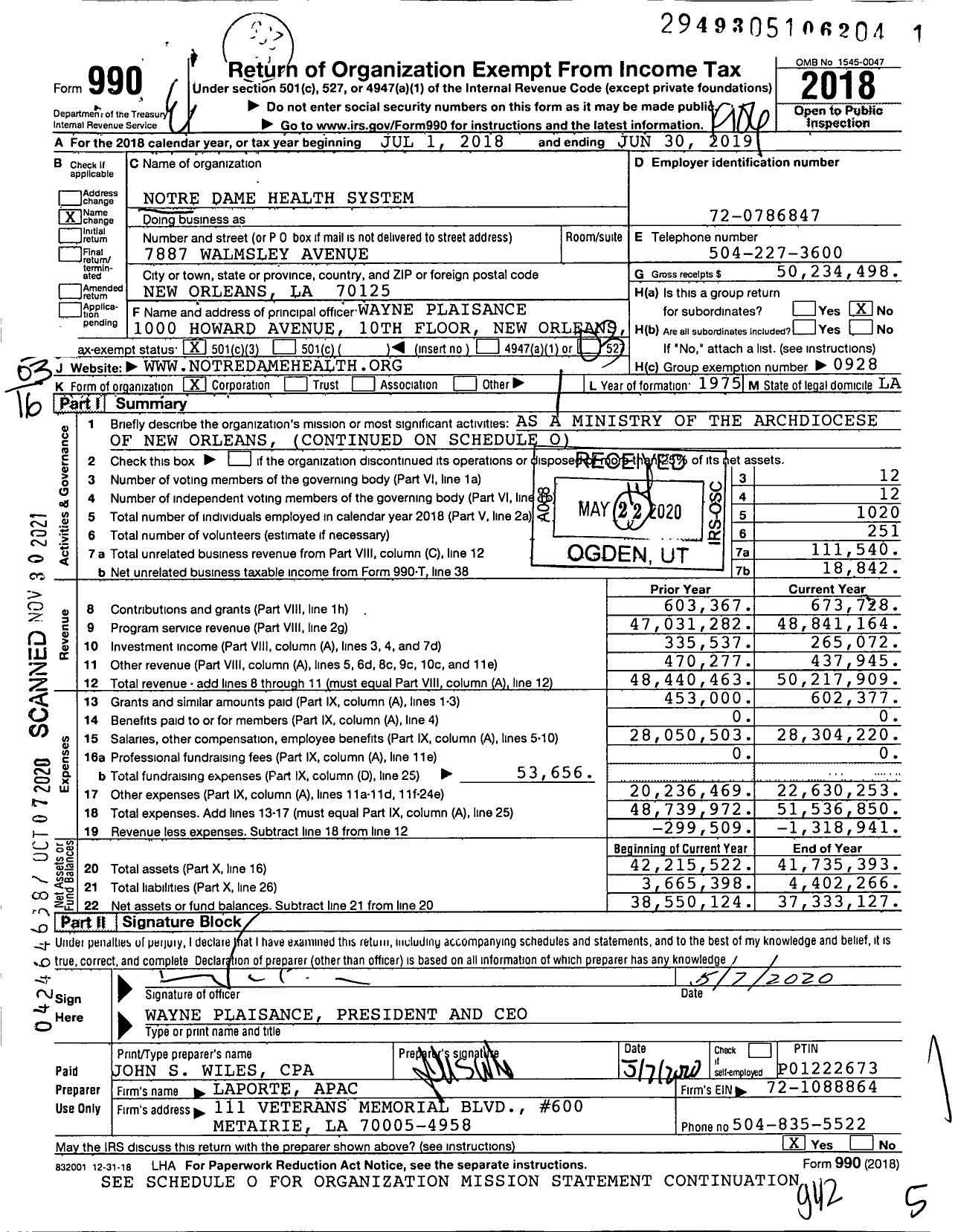 Image of first page of 2018 Form 990 for Notre Dame Health System