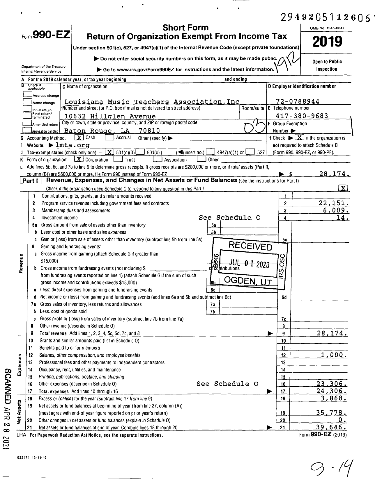 Image of first page of 2019 Form 990EZ for Louisiana Music Teachers Association