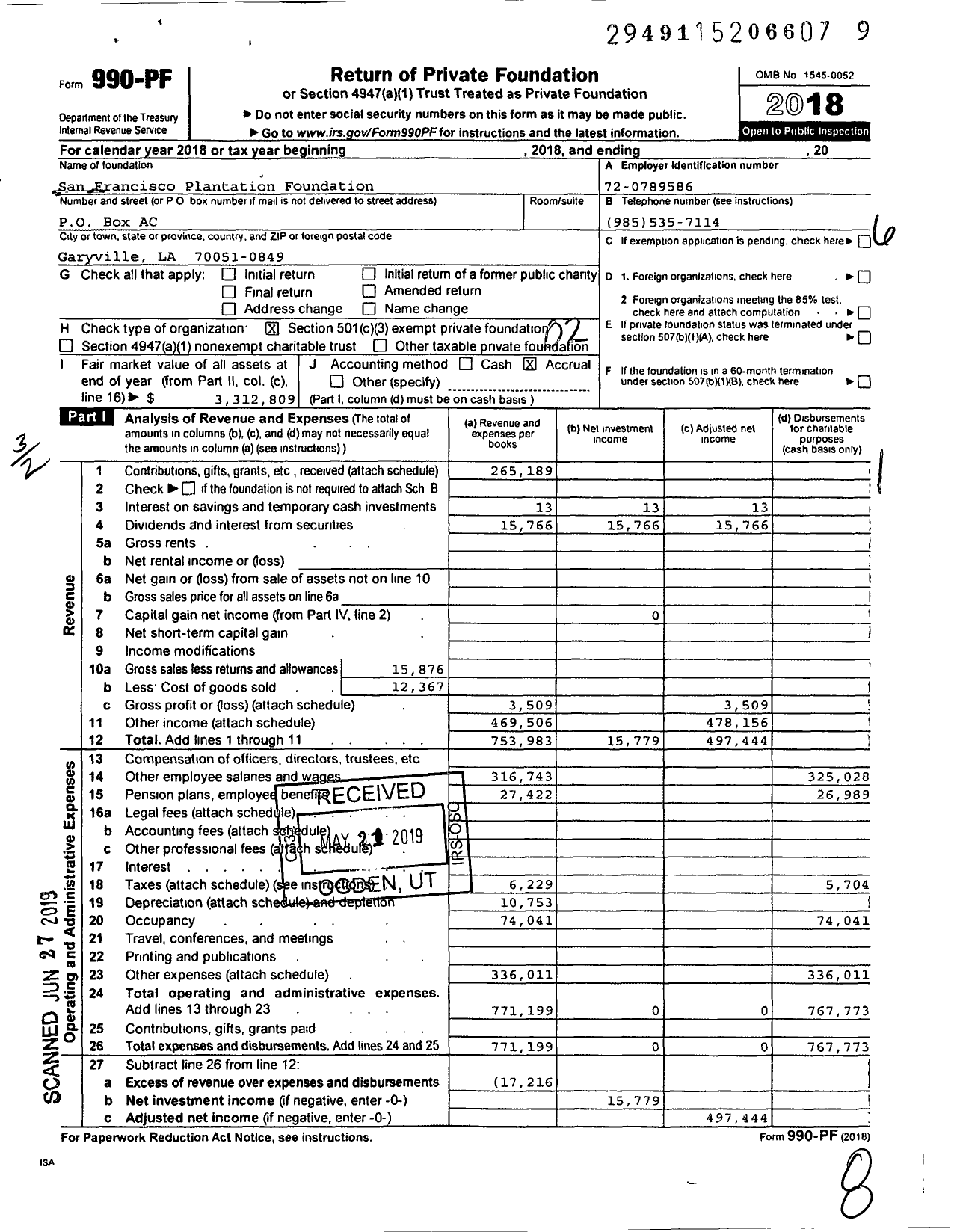 Image of first page of 2018 Form 990PF for San Francisco Plantation Foundation