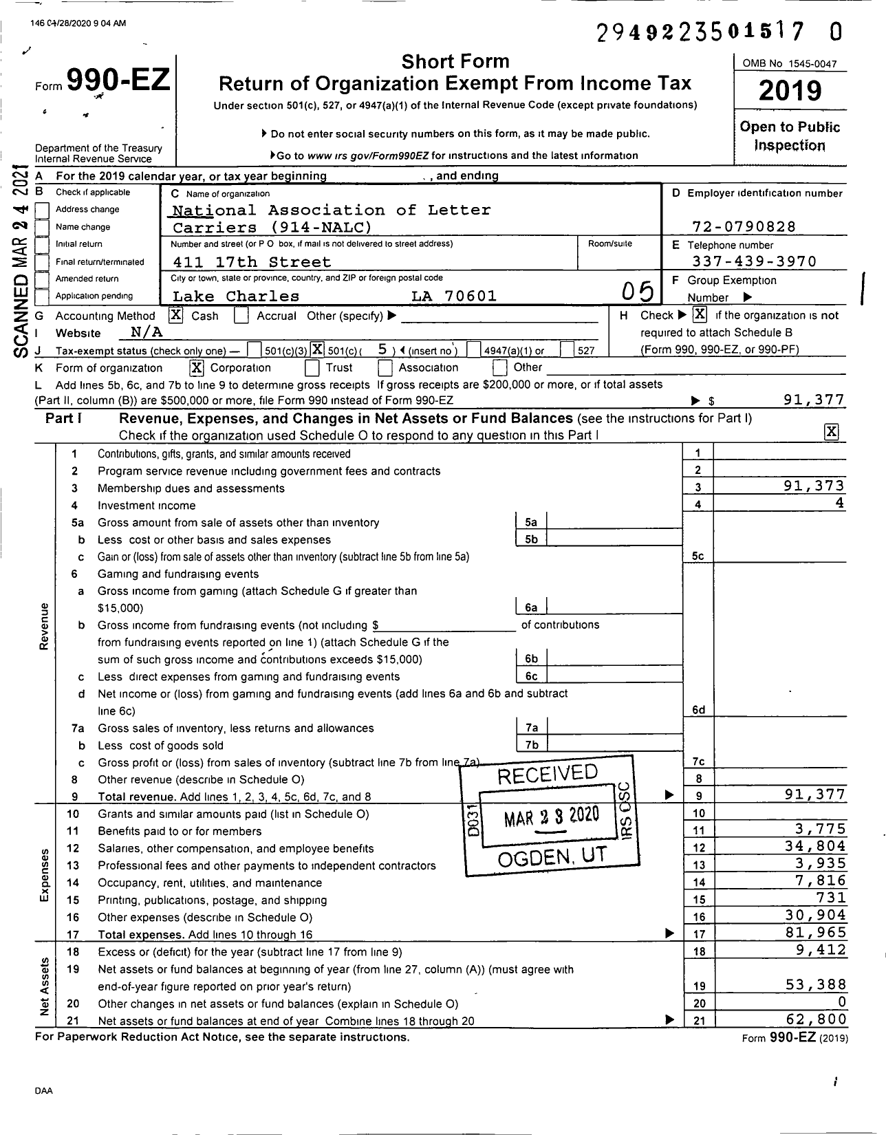 Image of first page of 2019 Form 990EO for National Association of Letter Carriers - 914 T A Hoffpauir Area Local