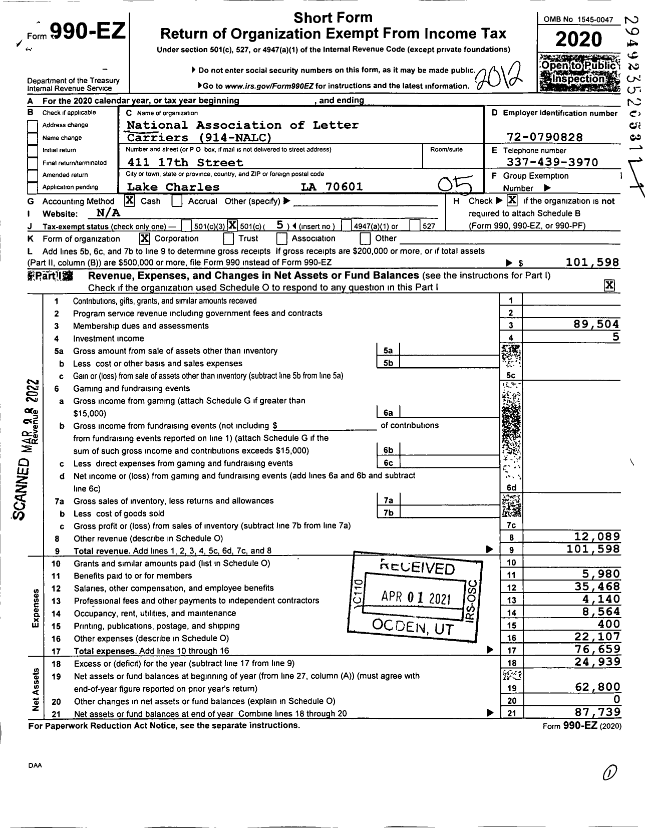 Image of first page of 2020 Form 990EO for National Association of Letter Carriers - 914 T A Hoffpauir Area Local