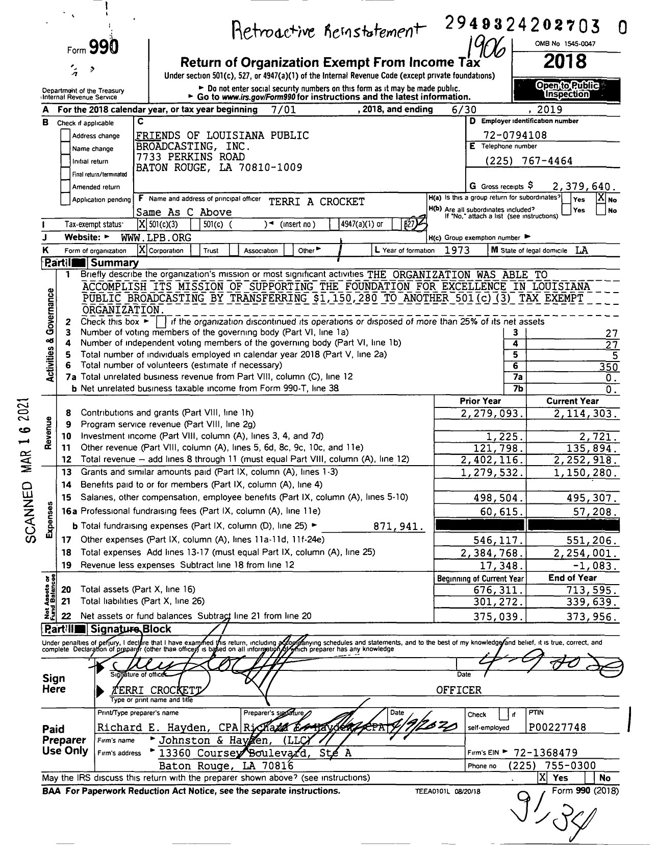 Image of first page of 2018 Form 990 for Louisiana Public Broadcasting (LPB)