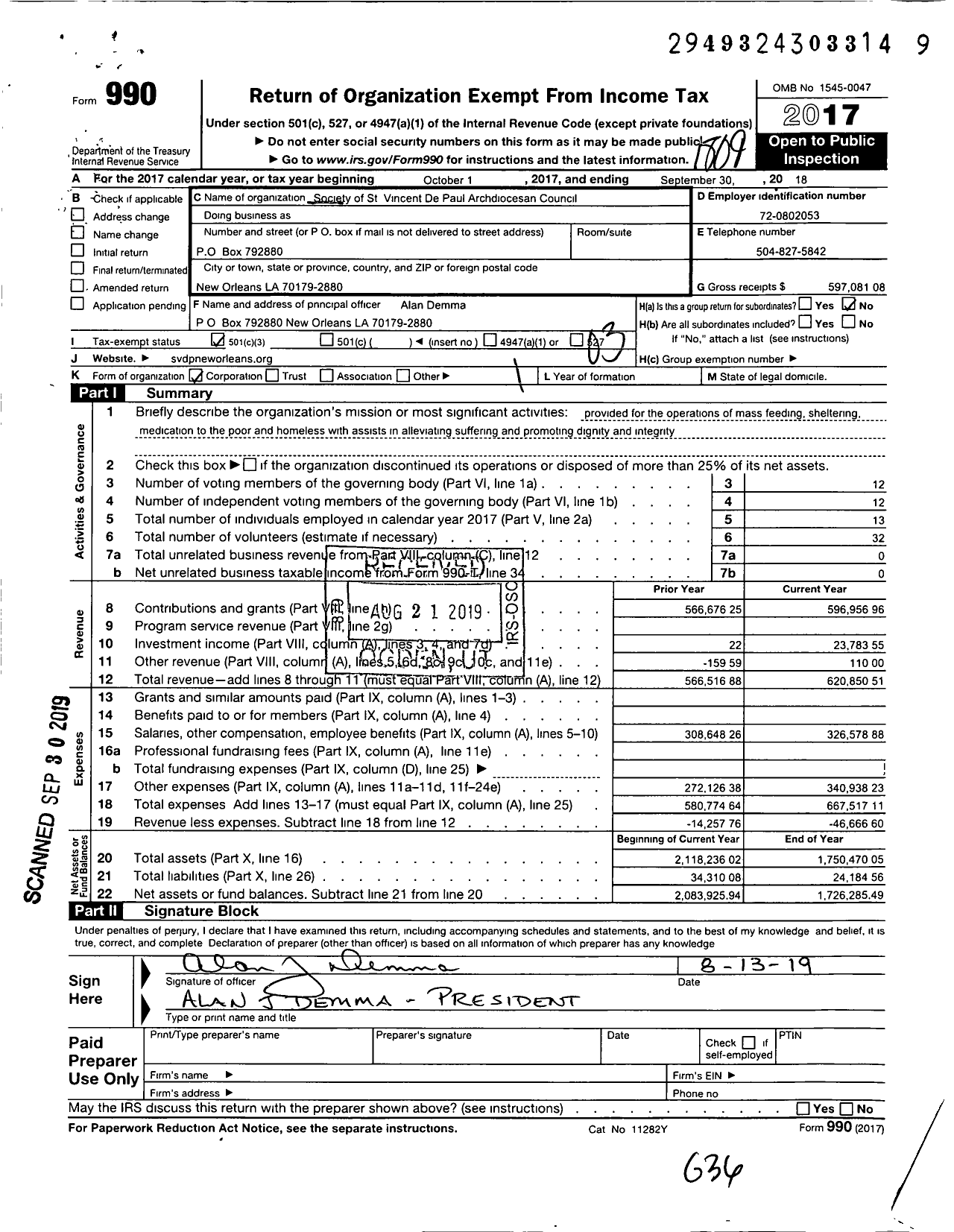 Image of first page of 2017 Form 990 for Society of St Vincent de Paul Archdiocesan Council