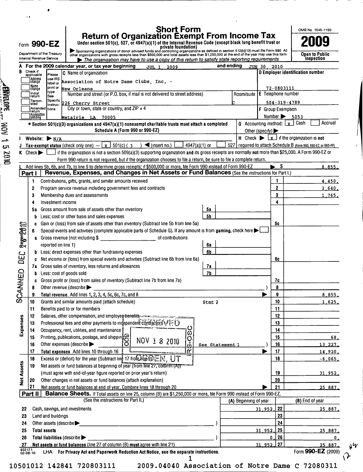 Image of first page of 2009 Form 990EZ for Association of Notre Dame Clubs Inc - New Orleans