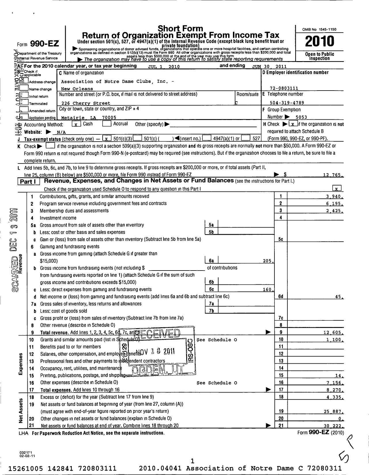 Image of first page of 2010 Form 990EZ for Association of Notre Dame Clubs Inc - New Orleans