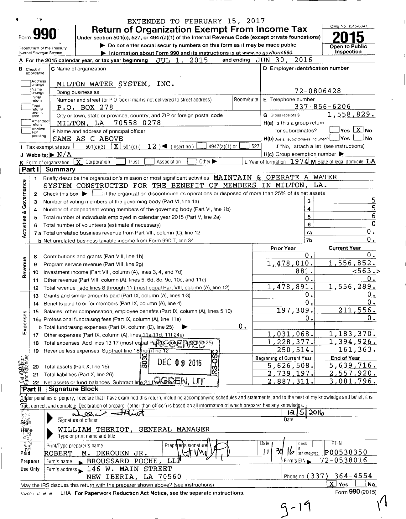 Image of first page of 2015 Form 990O for Milton Water System