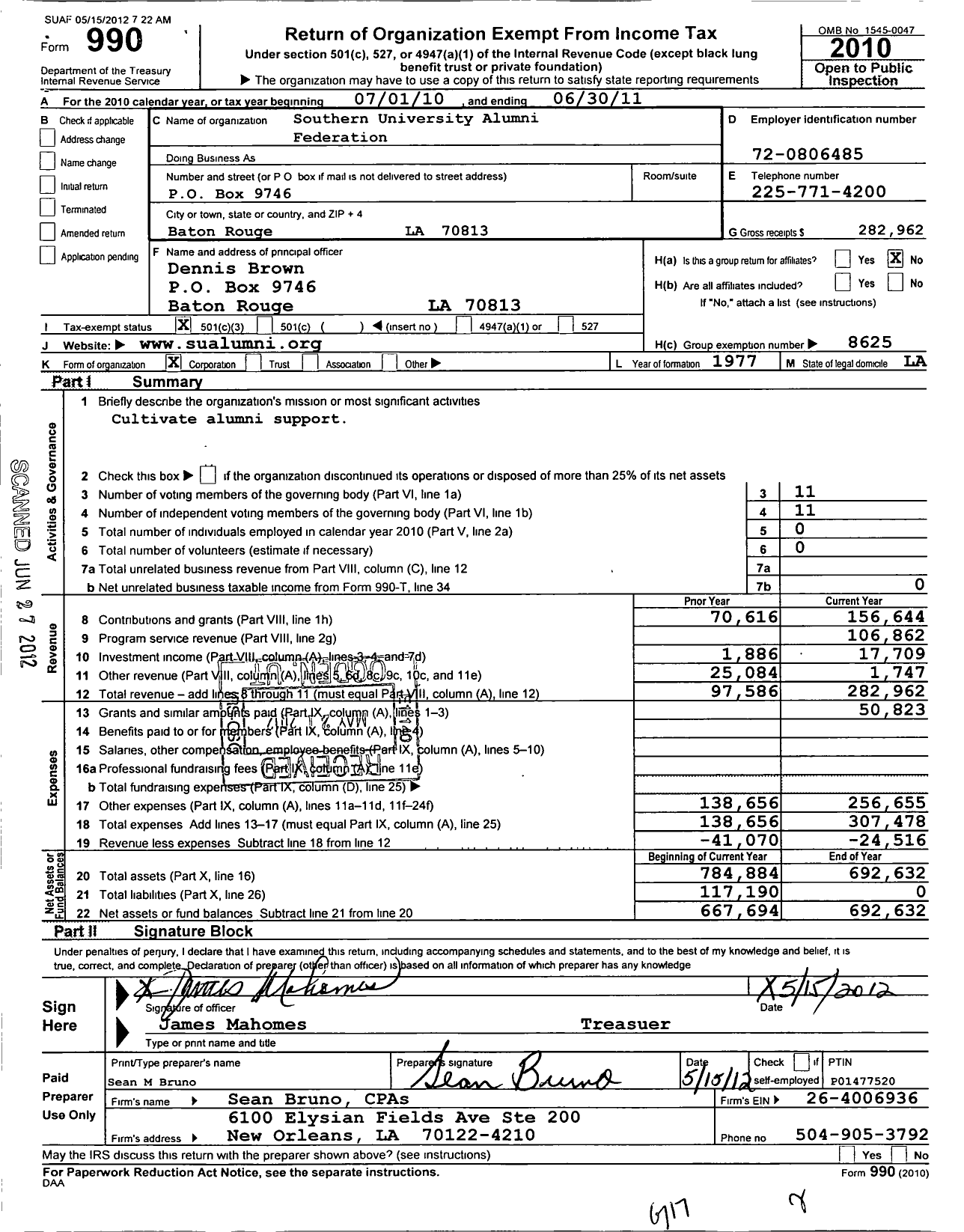 Image of first page of 2010 Form 990 for Southern University and Alumni Federation