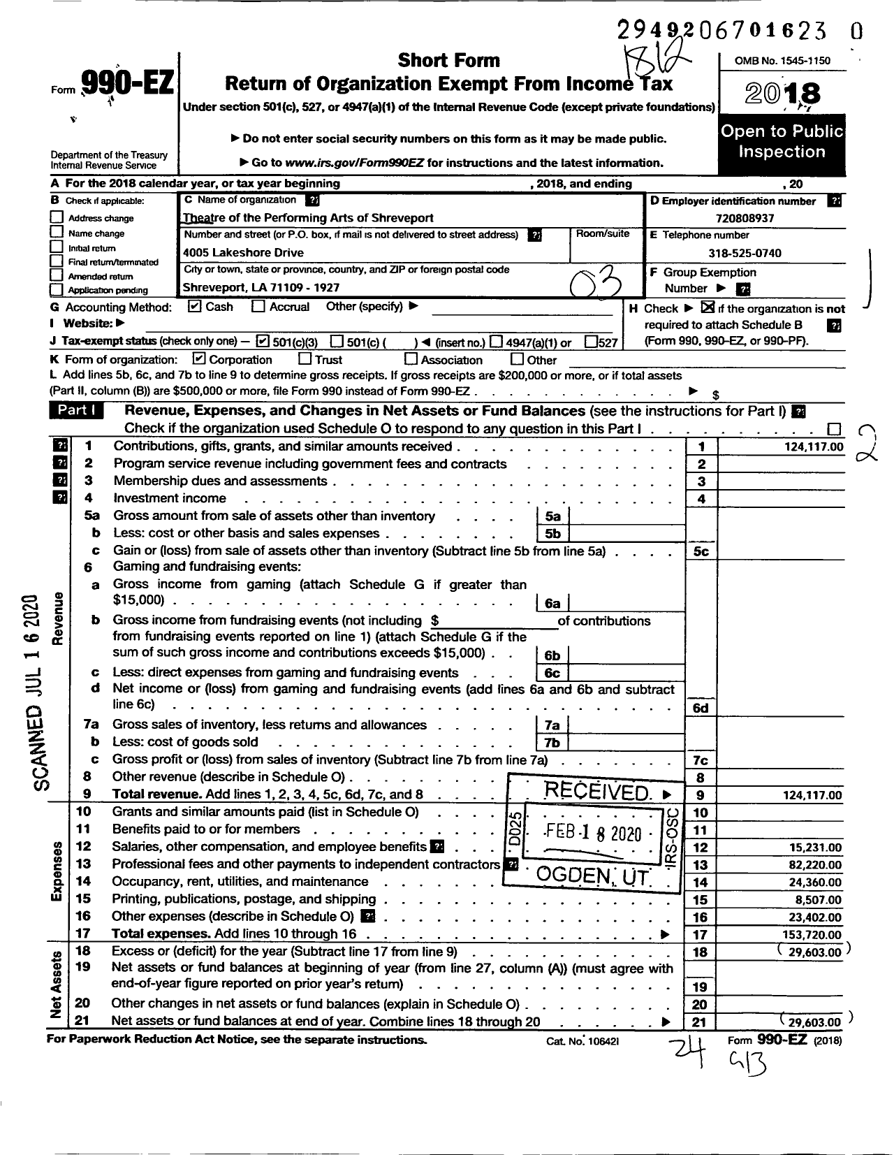 Image of first page of 2018 Form 990EZ for Theatre of the Performing Arts in Shreveport