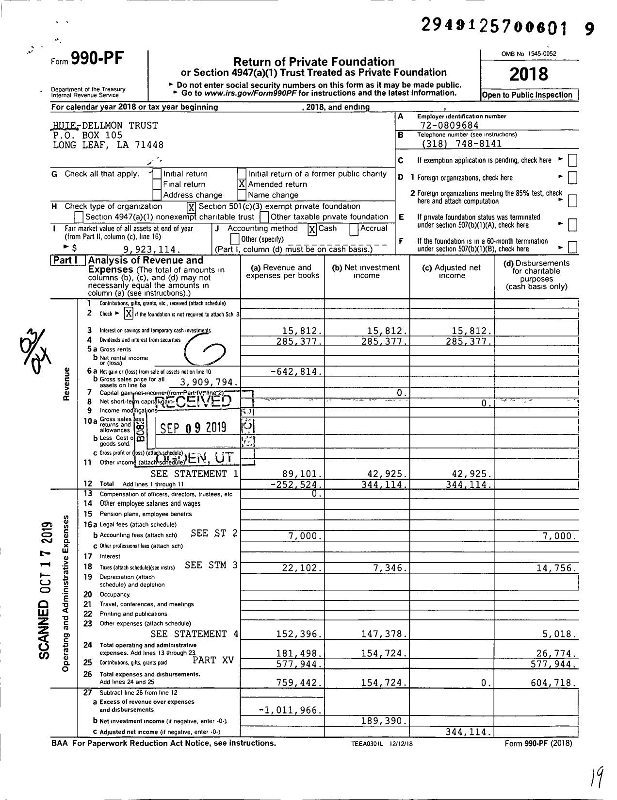 Image of first page of 2018 Form 990PF for Huie-Dellmon Trust