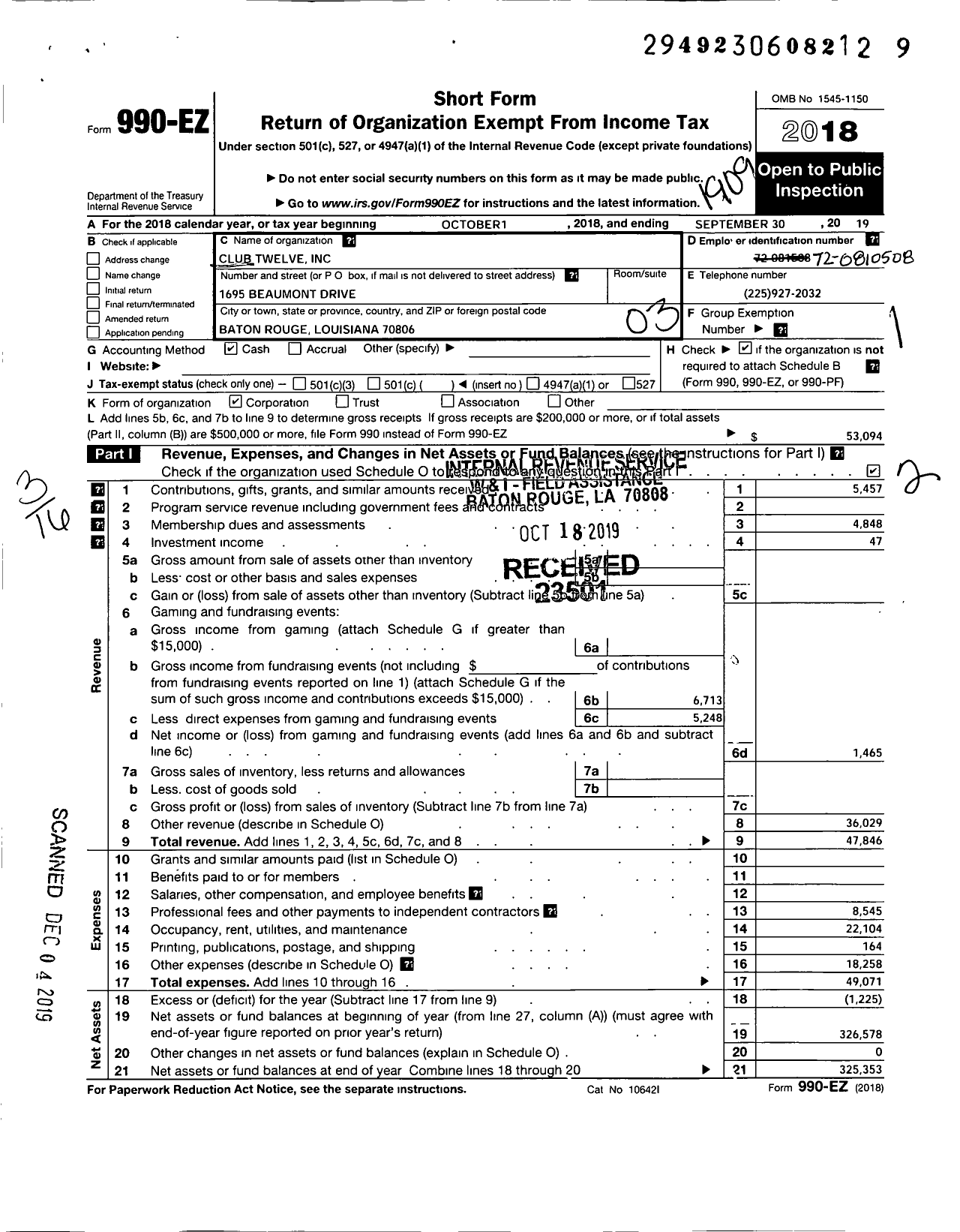 Image of first page of 2018 Form 990EZ for Club Twelve