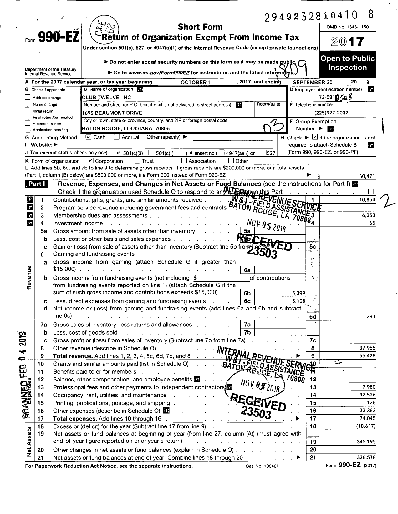 Image of first page of 2017 Form 990EZ for Club Twelve