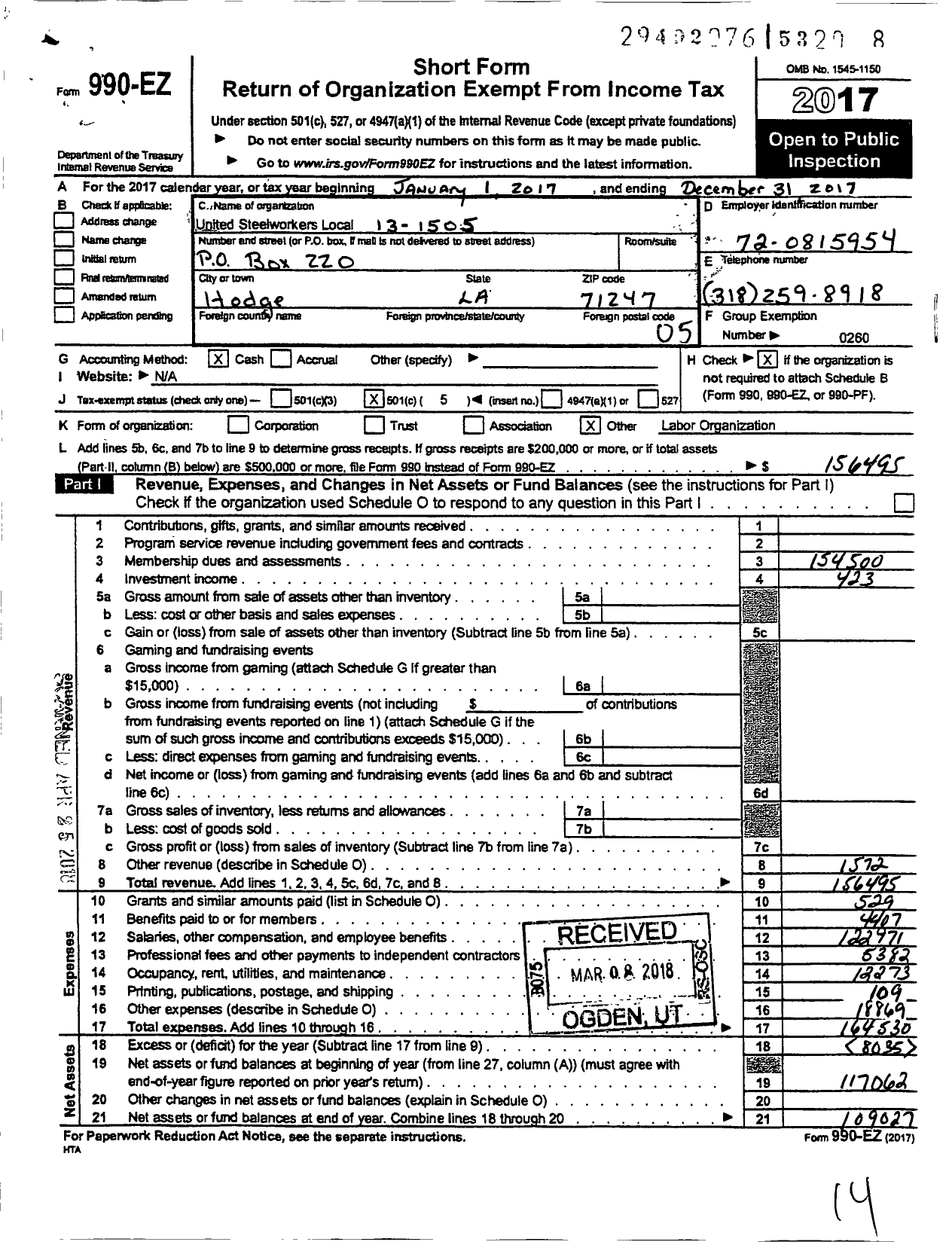 Image of first page of 2017 Form 990EO for United Steelworkers - 01505 Local