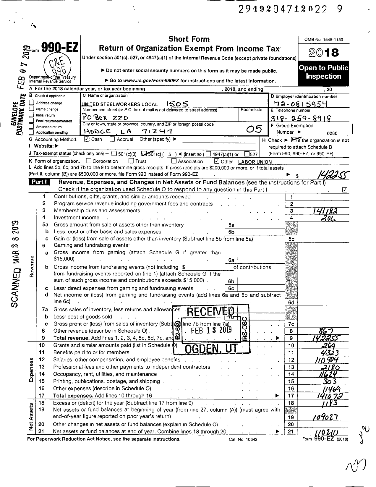 Image of first page of 2018 Form 990EO for United Steelworkers - 01505 Local