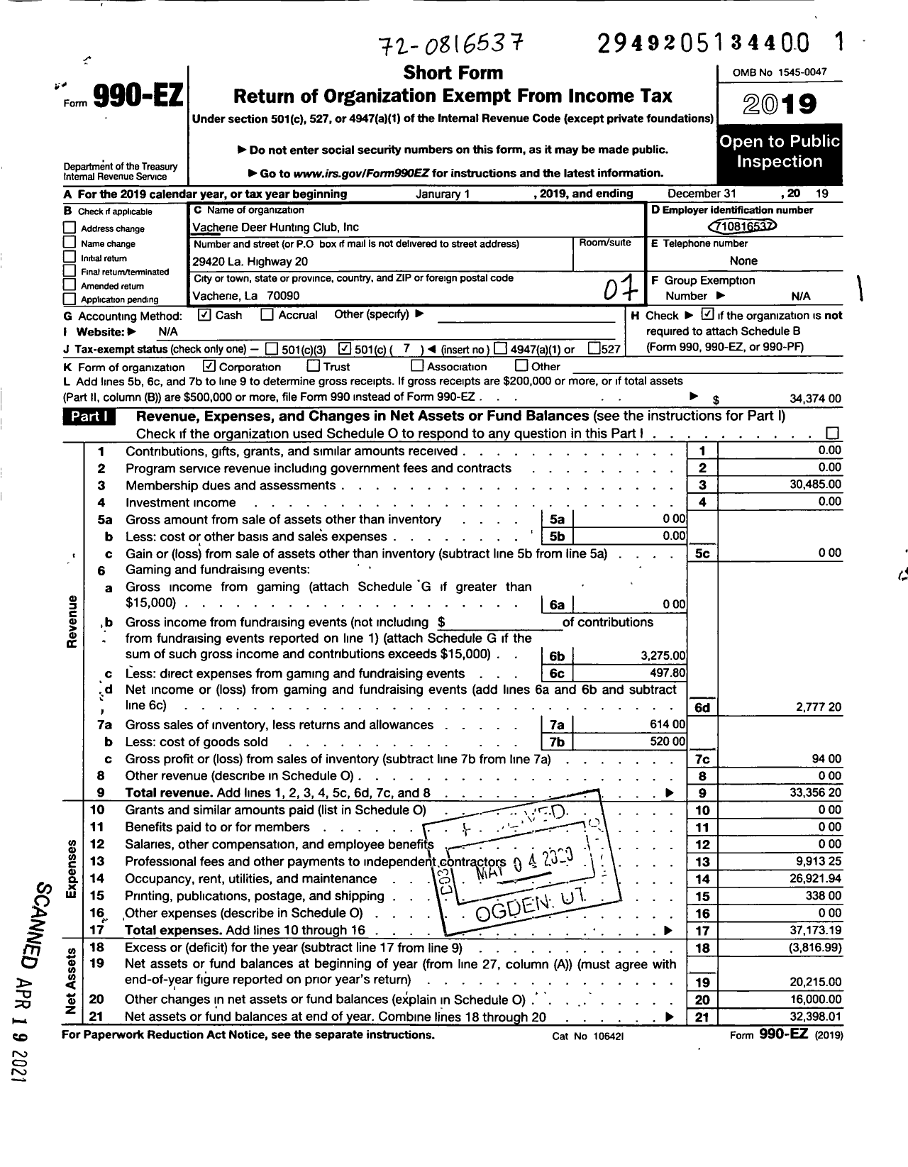 Image of first page of 2019 Form 990EO for VACherie DEER HUNTING CLUB