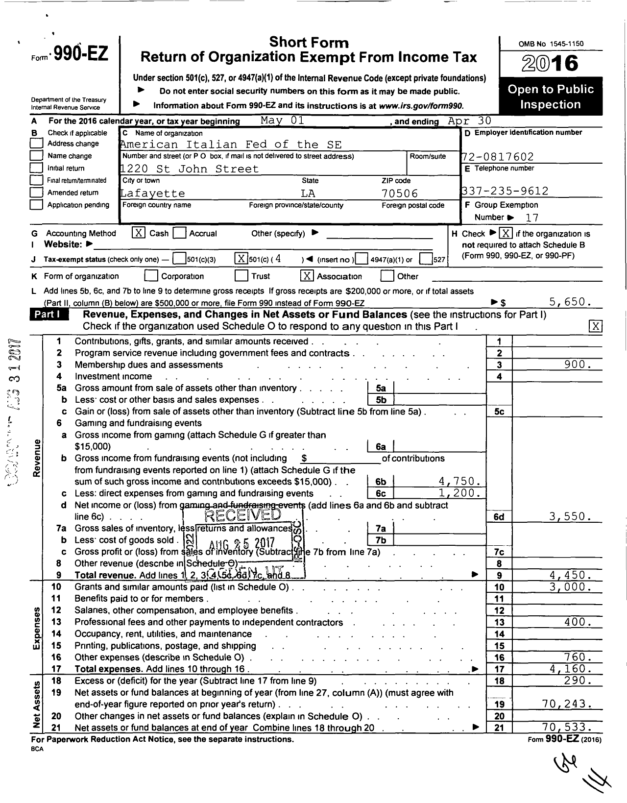 Image of first page of 2015 Form 990EO for American Italian Fed of the SE