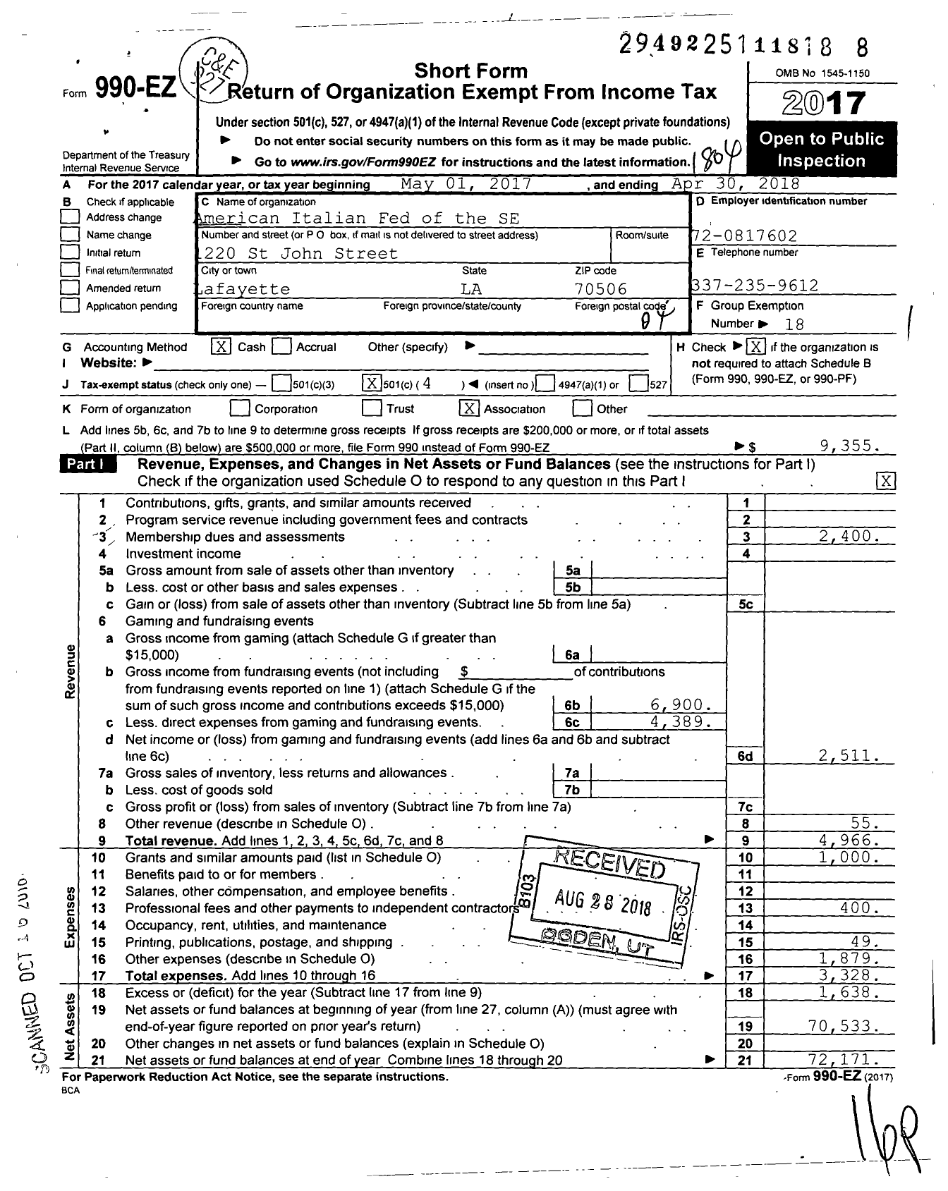 Image of first page of 2017 Form 990EO for American Italian Fed of the SE