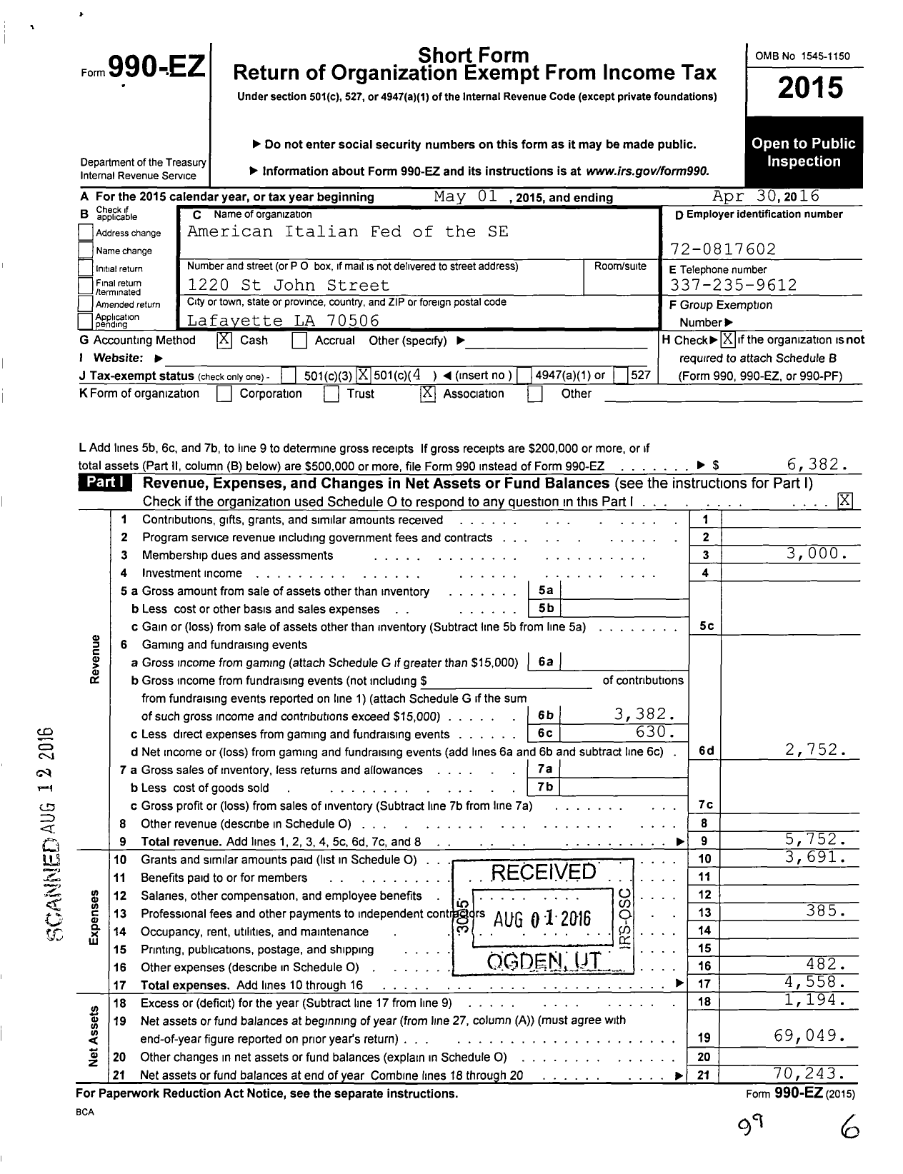 Image of first page of 2015 Form 990EO for American Italian Fed of the SE