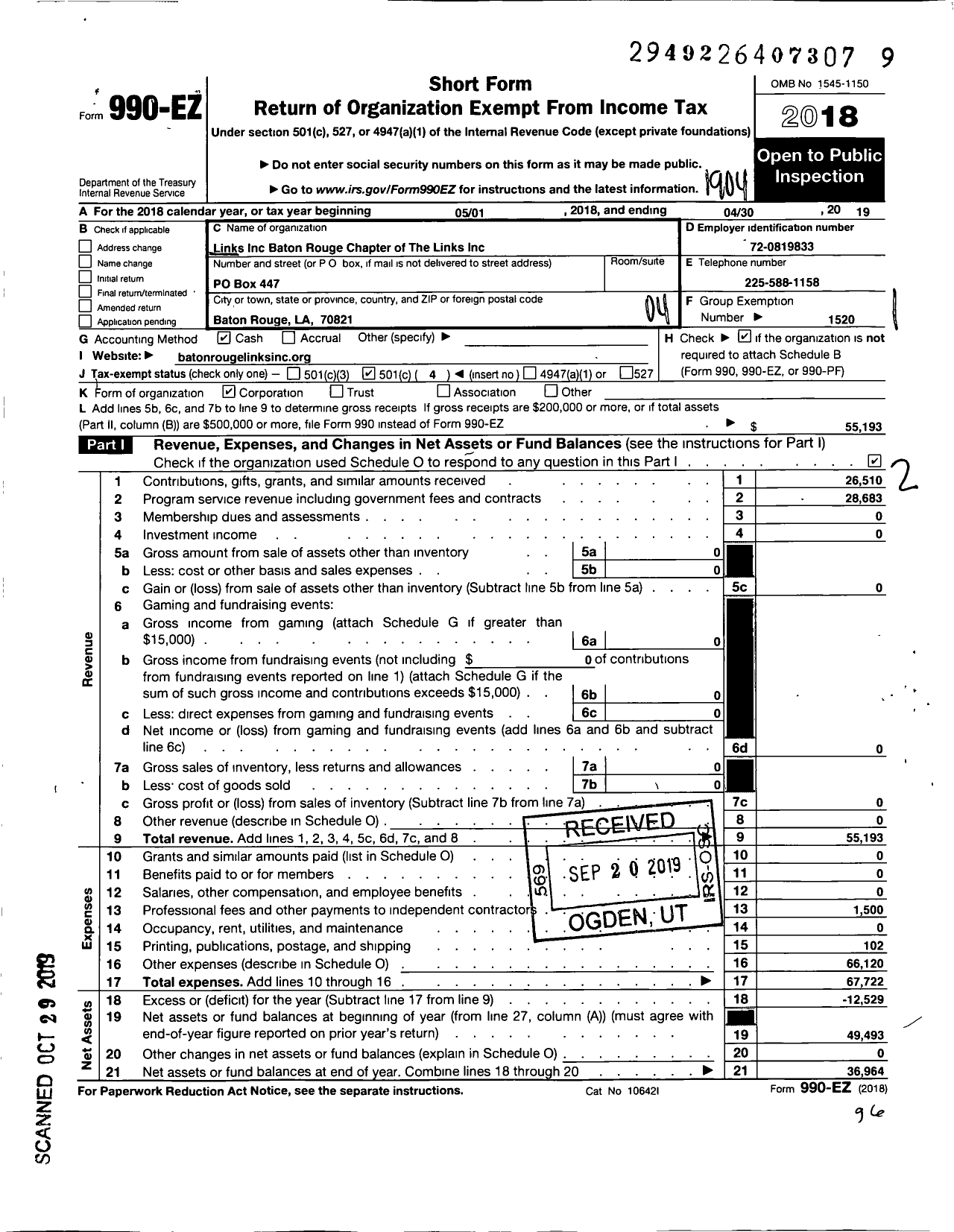 Image of first page of 2018 Form 990EO for Links Baton Rouge Chapter of the Links