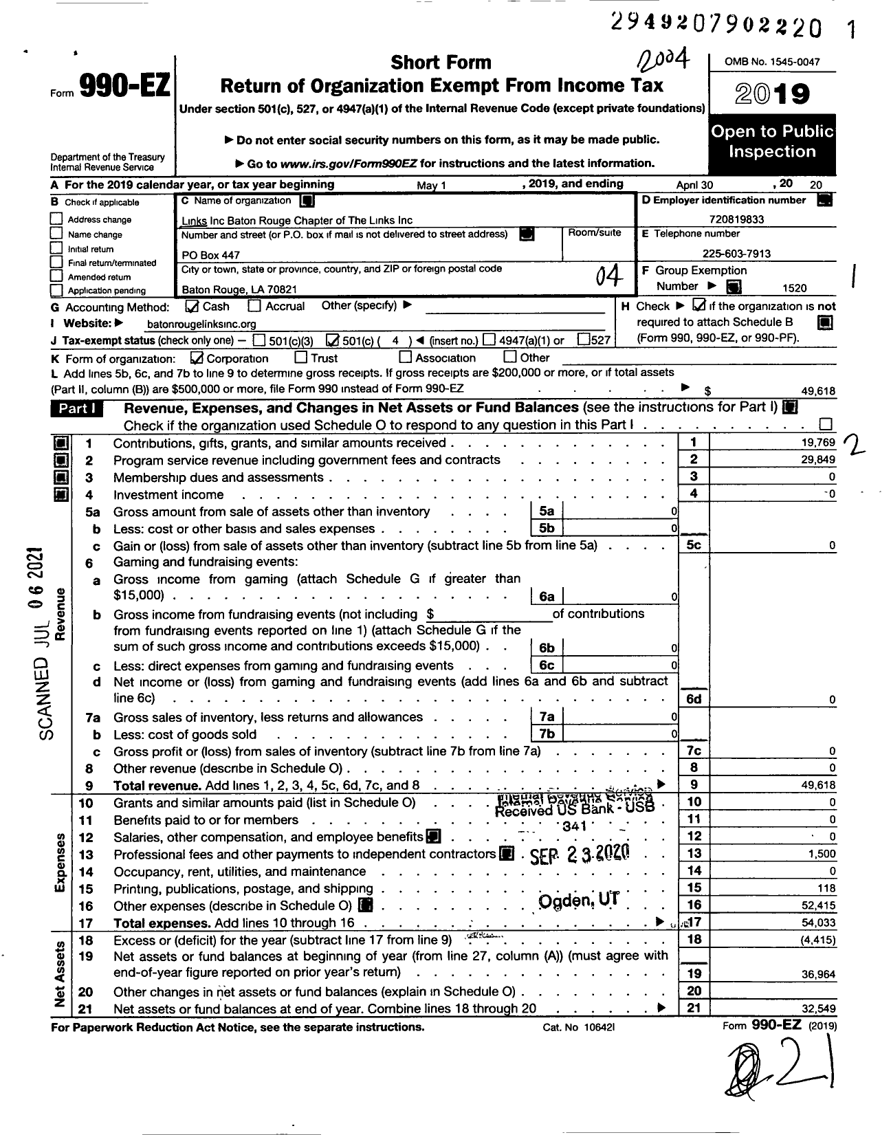 Image of first page of 2019 Form 990EO for Links Baton Rouge Chapter of the Links