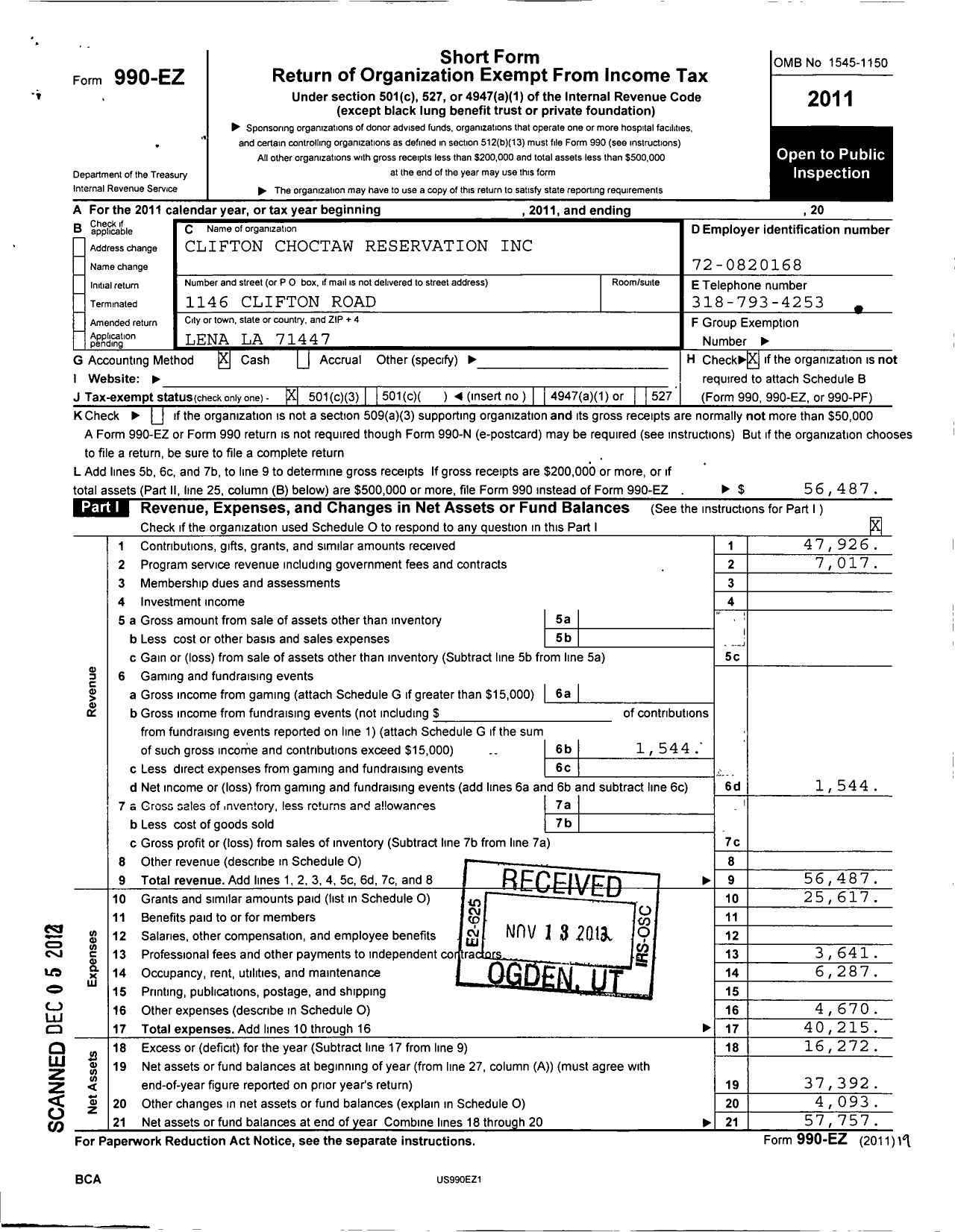 Image of first page of 2011 Form 990EZ for Clifton-Choctaw Reservation