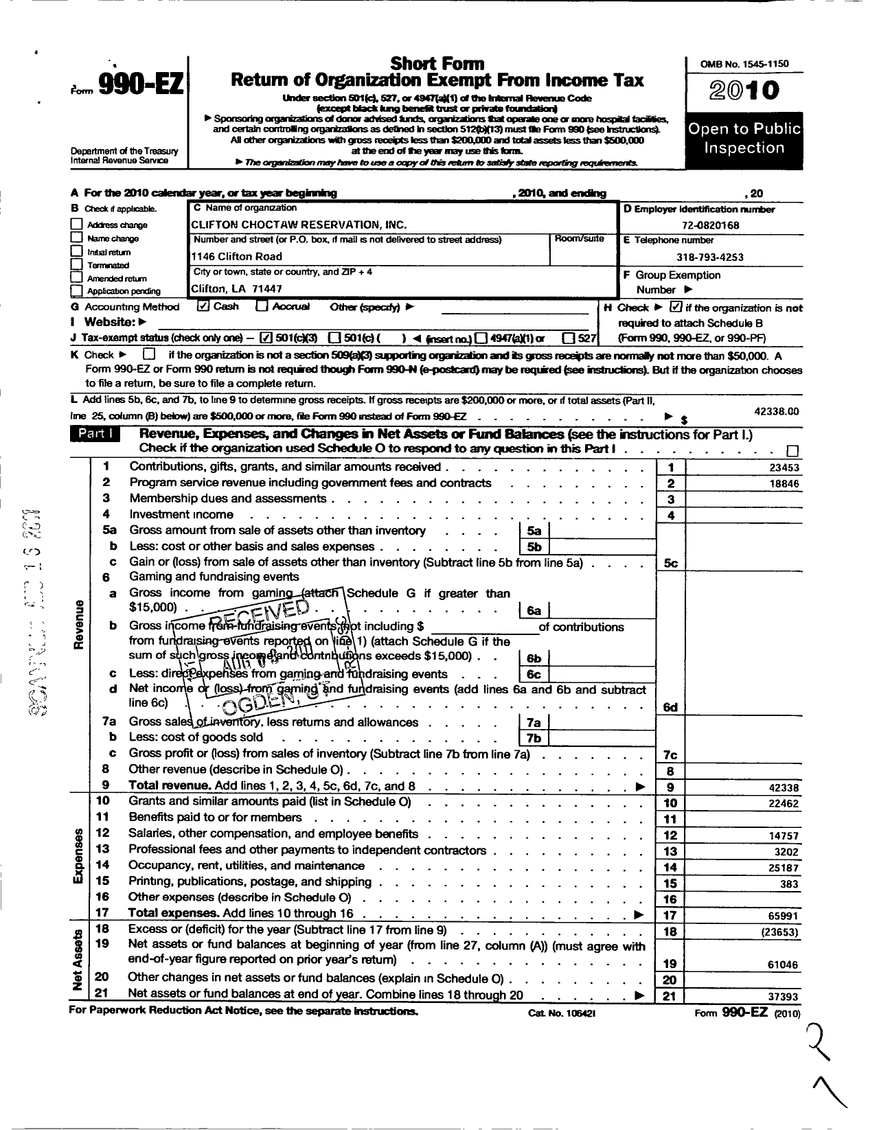 Image of first page of 2010 Form 990EZ for Clifton-Choctaw Reservation