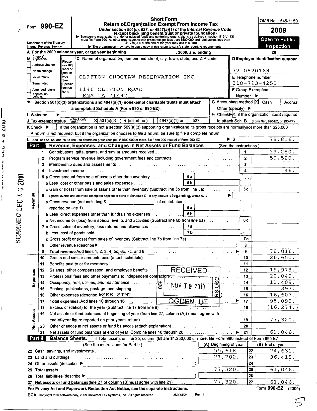 Image of first page of 2009 Form 990EZ for Clifton-Choctaw Reservation