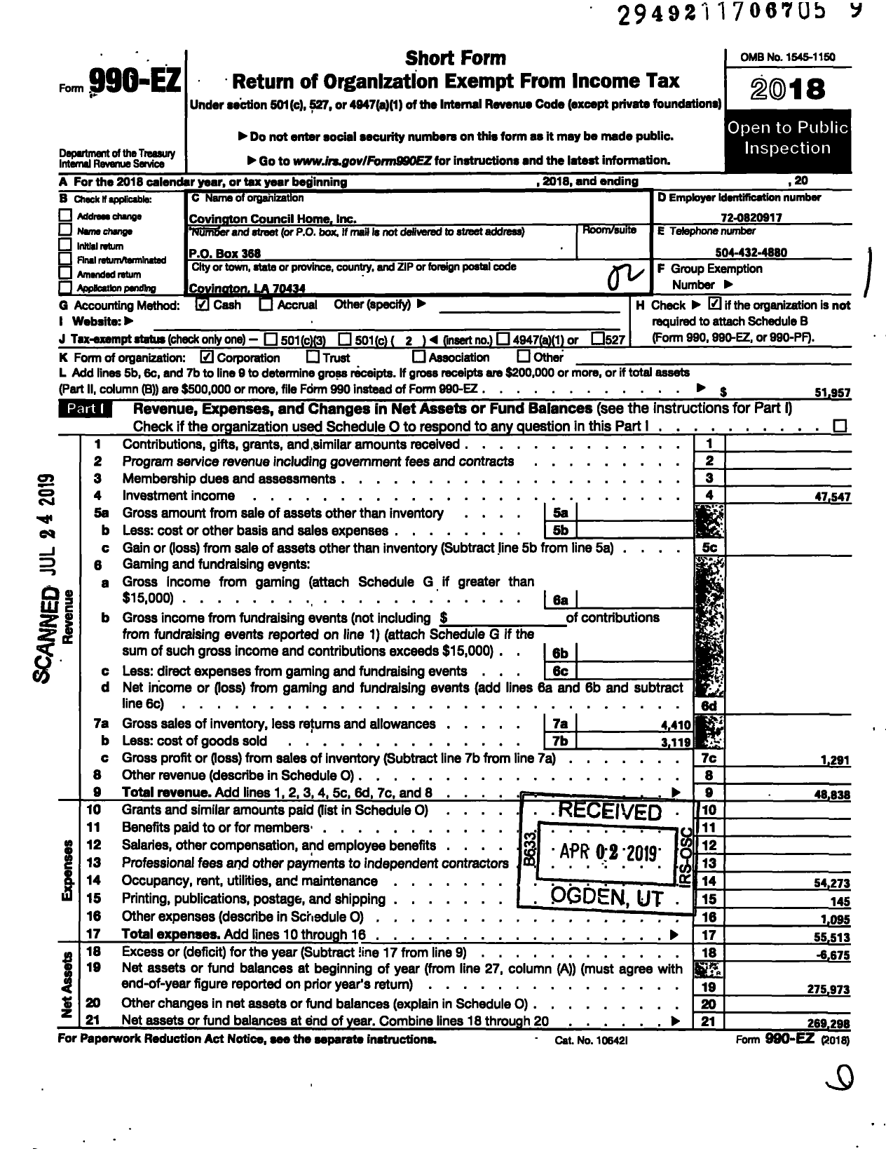 Image of first page of 2018 Form 990EO for Covington Council Home