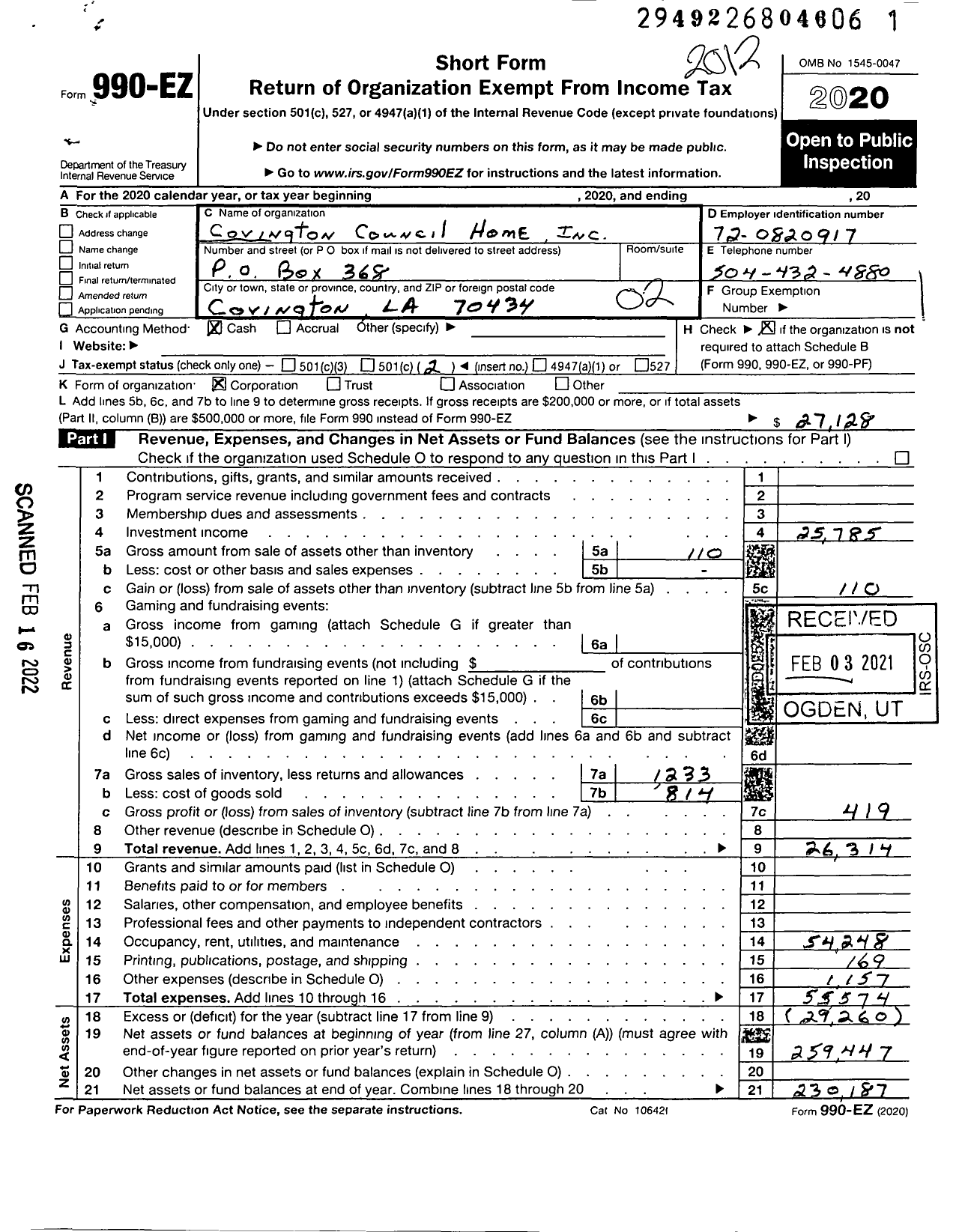 Image of first page of 2020 Form 990EO for Covington Council Home