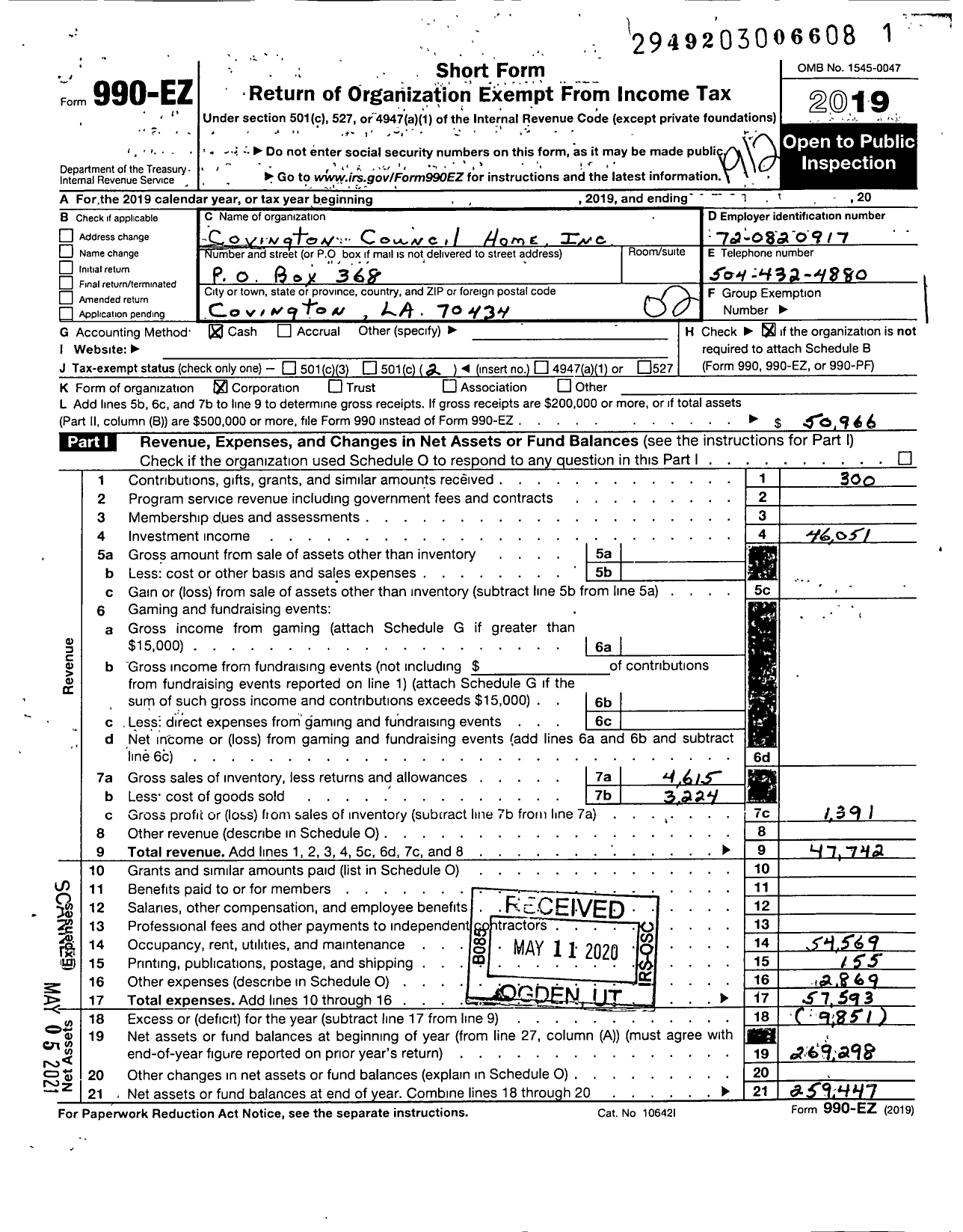 Image of first page of 2019 Form 990EO for Covington Council Home