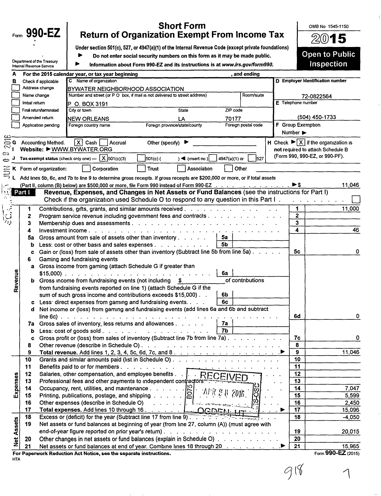 Image of first page of 2015 Form 990EZ for Bywater Neighborhood Association