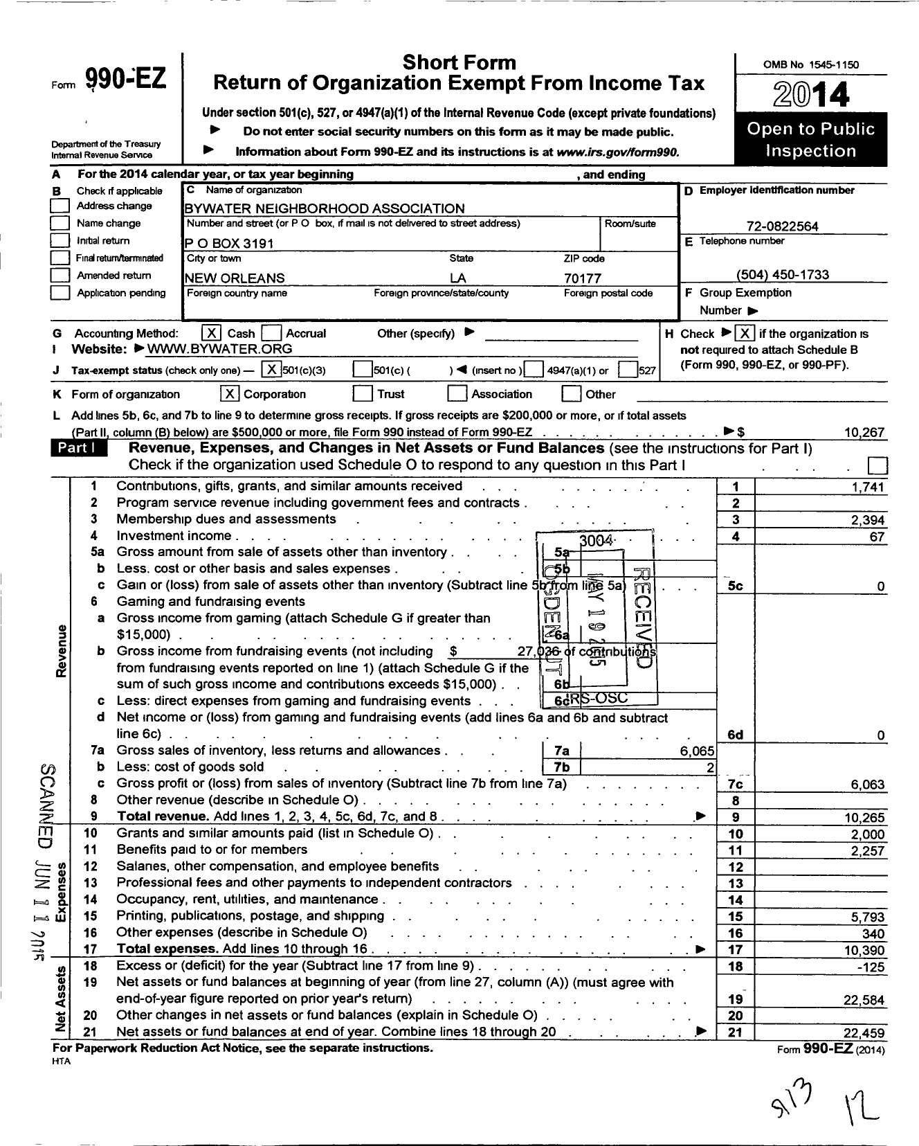 Image of first page of 2014 Form 990EZ for Bywater Neighborhood Association