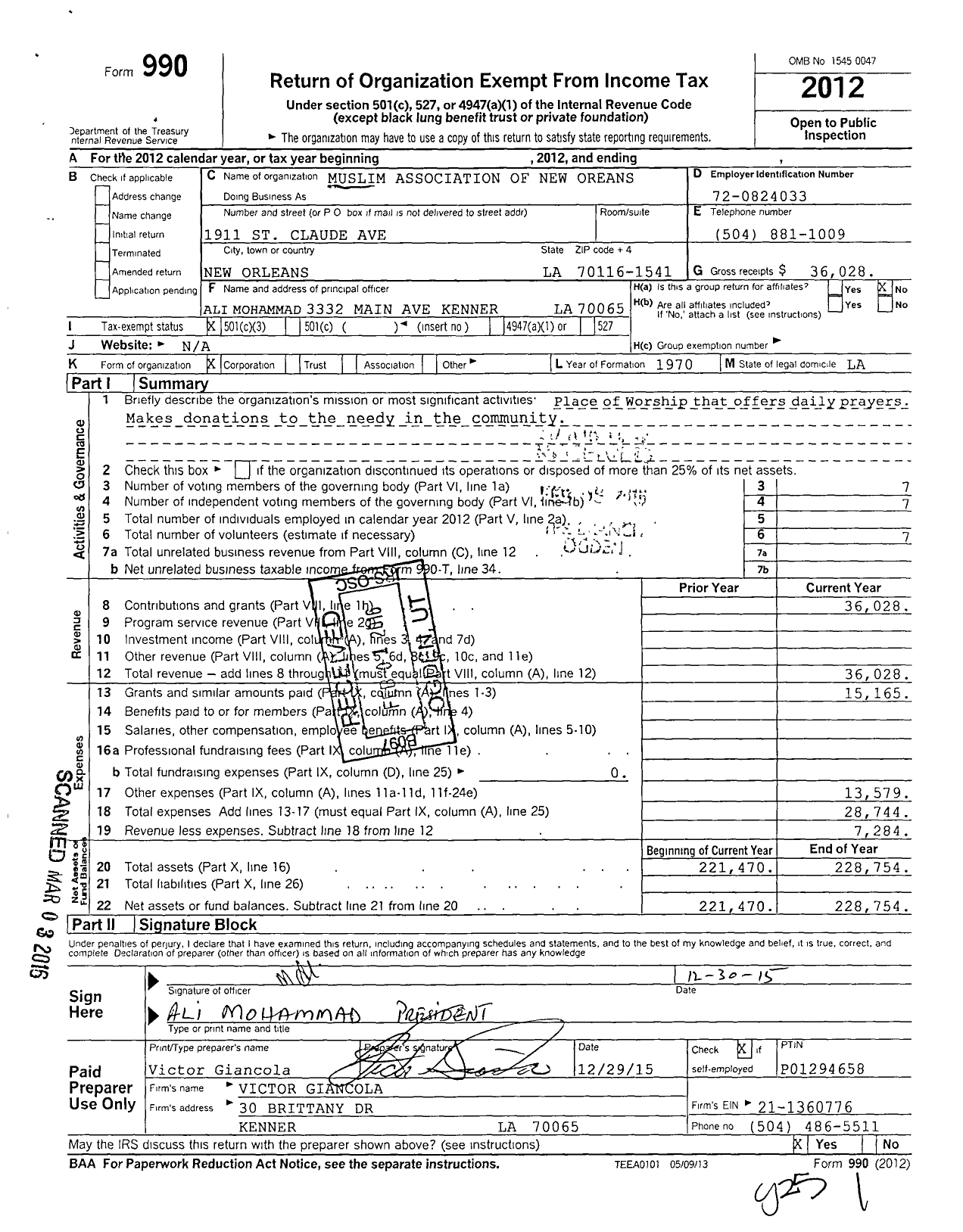 Image of first page of 2012 Form 990 for Muslim Association of New Orleans