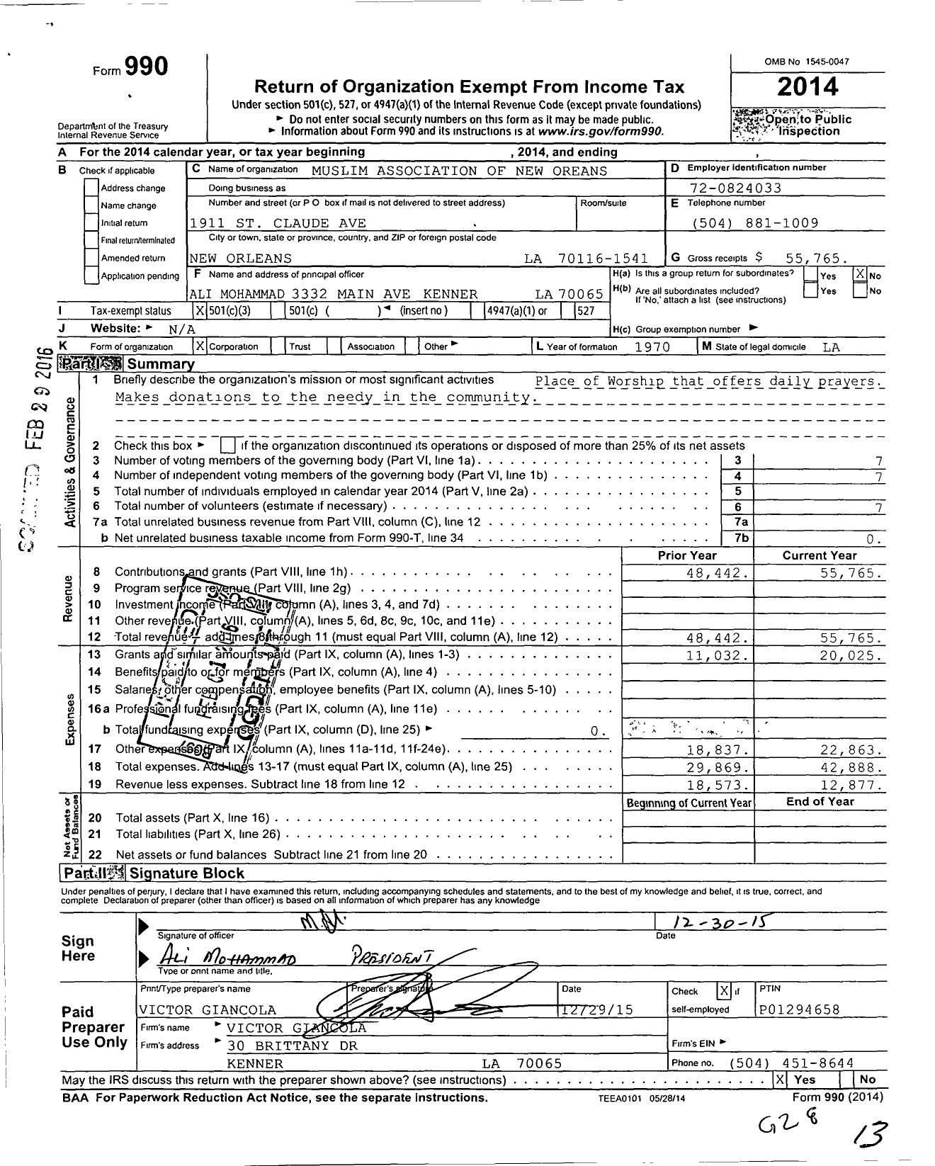 Image of first page of 2014 Form 990 for Muslim Association of New Orleans