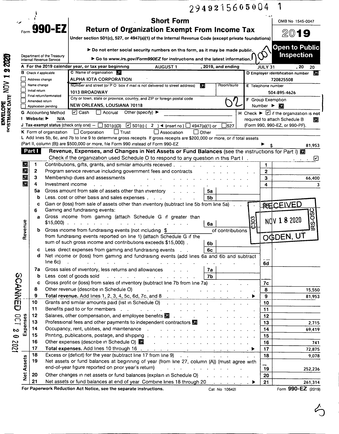 Image of first page of 2019 Form 990EO for Alpha Iota Corporation