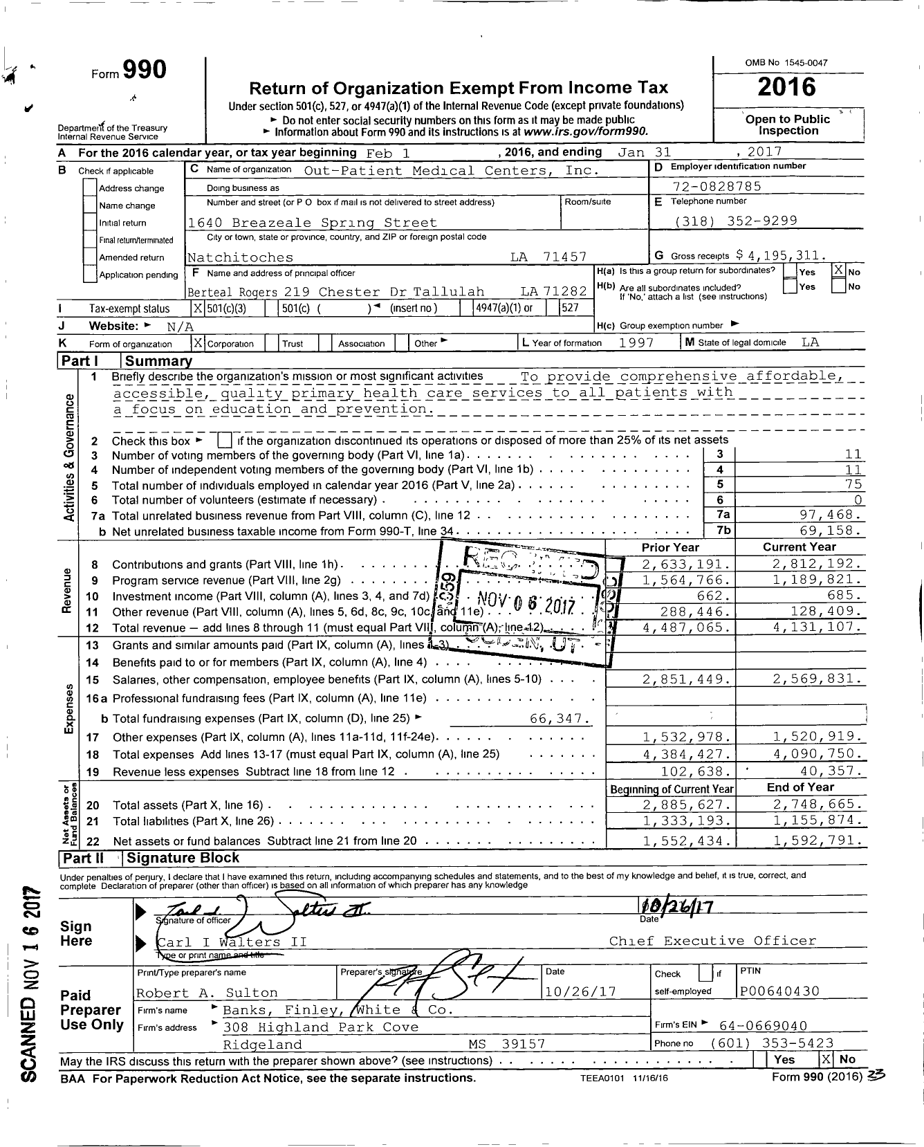 Image of first page of 2016 Form 990 for Outpatient Medical Centers