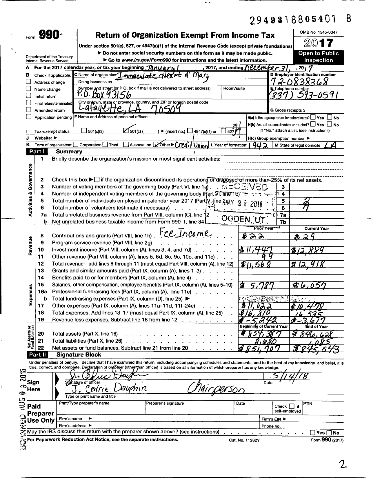 Image of first page of 2017 Form 990O for STATE CHARTERED CREDIT UNIONS IN LOUISIANA / Immaculate Heart of Mary C U